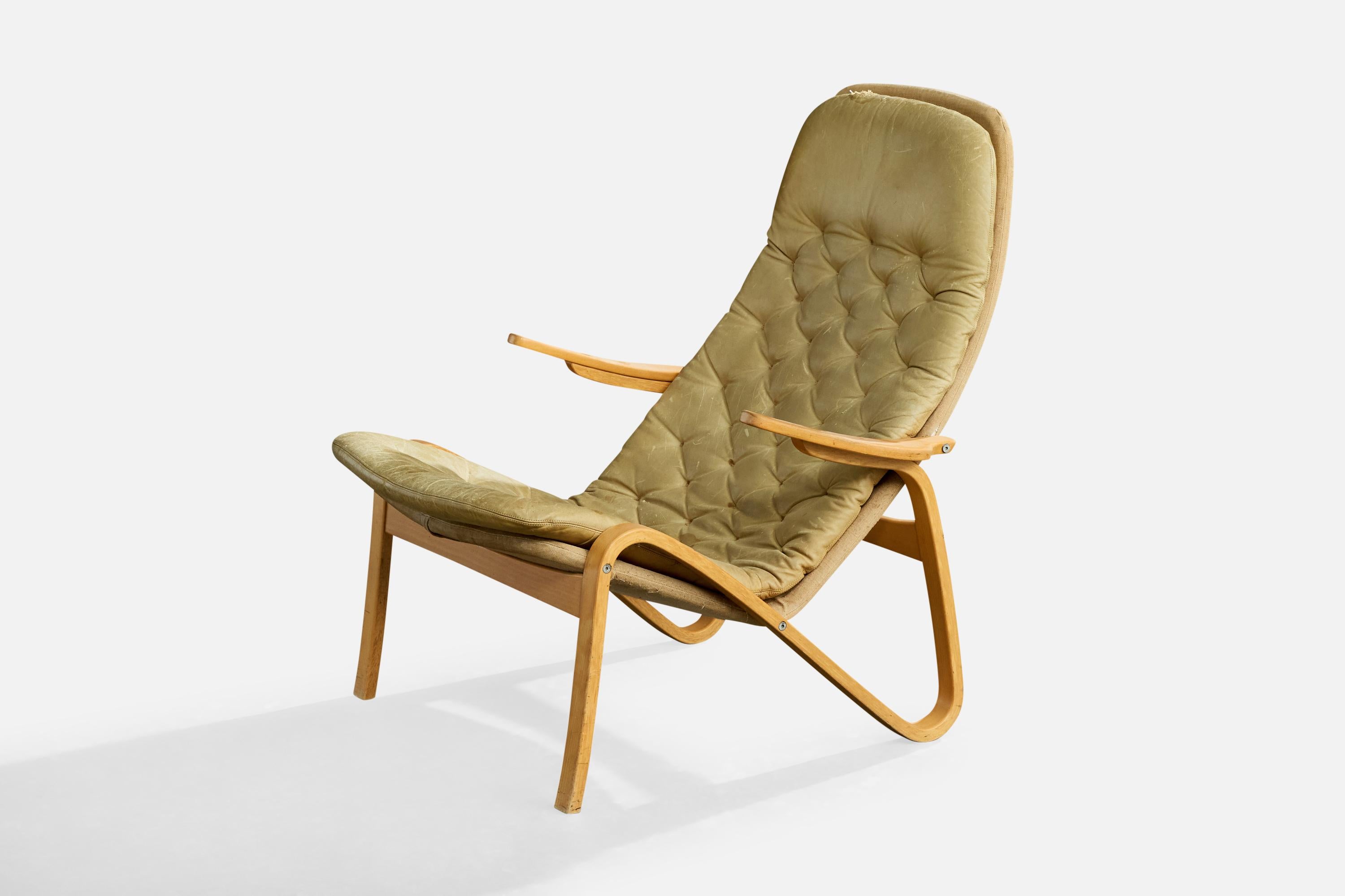 Sam Larsson, Silla de salón, Madera, Lienzo, Cuero, Suecia, 1970s Sueco en venta