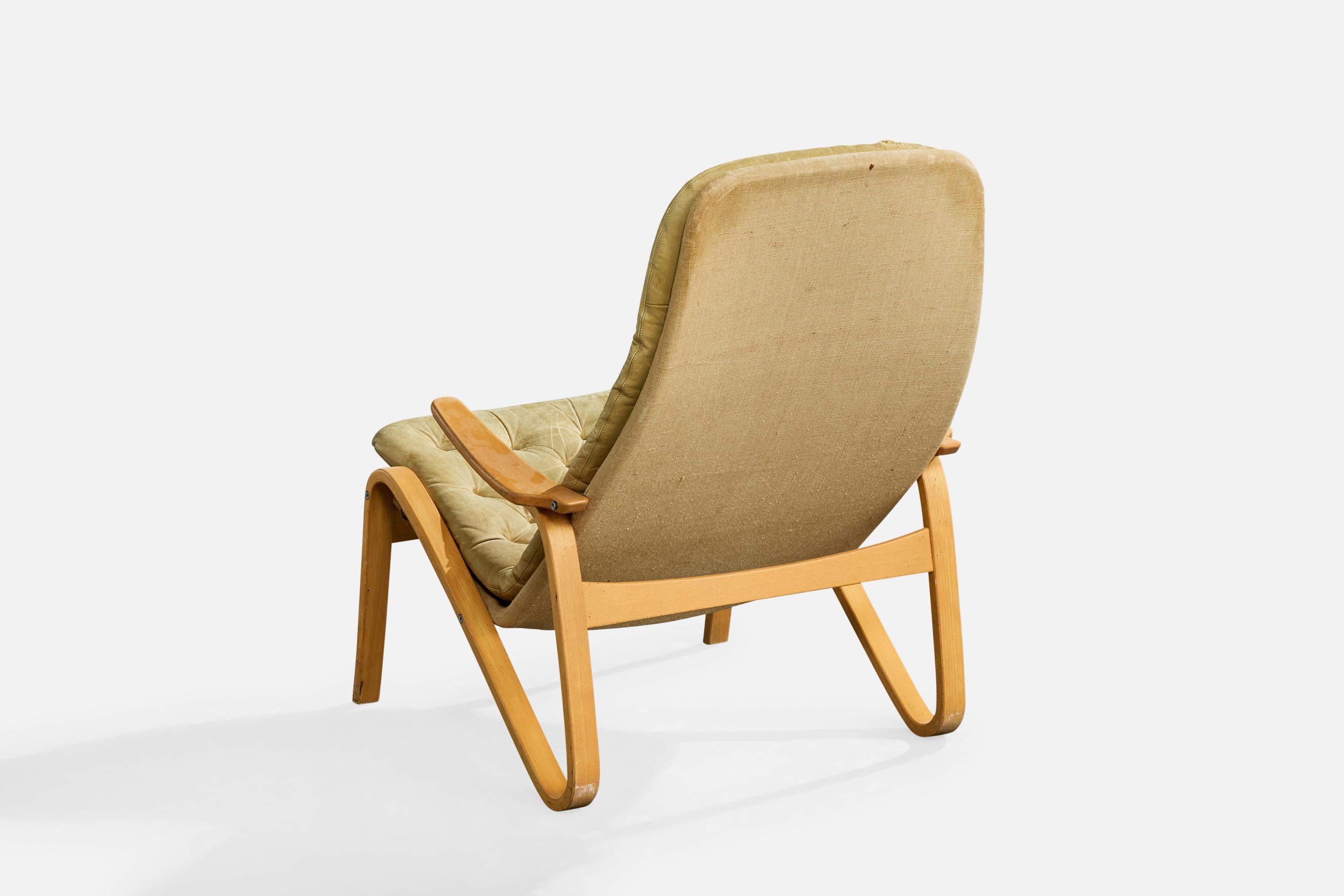 Sam Larsson, Silla de salón, Madera, Lienzo, Cuero, Suecia, 1970s en Bastante bueno estado para la venta en High Point, NC