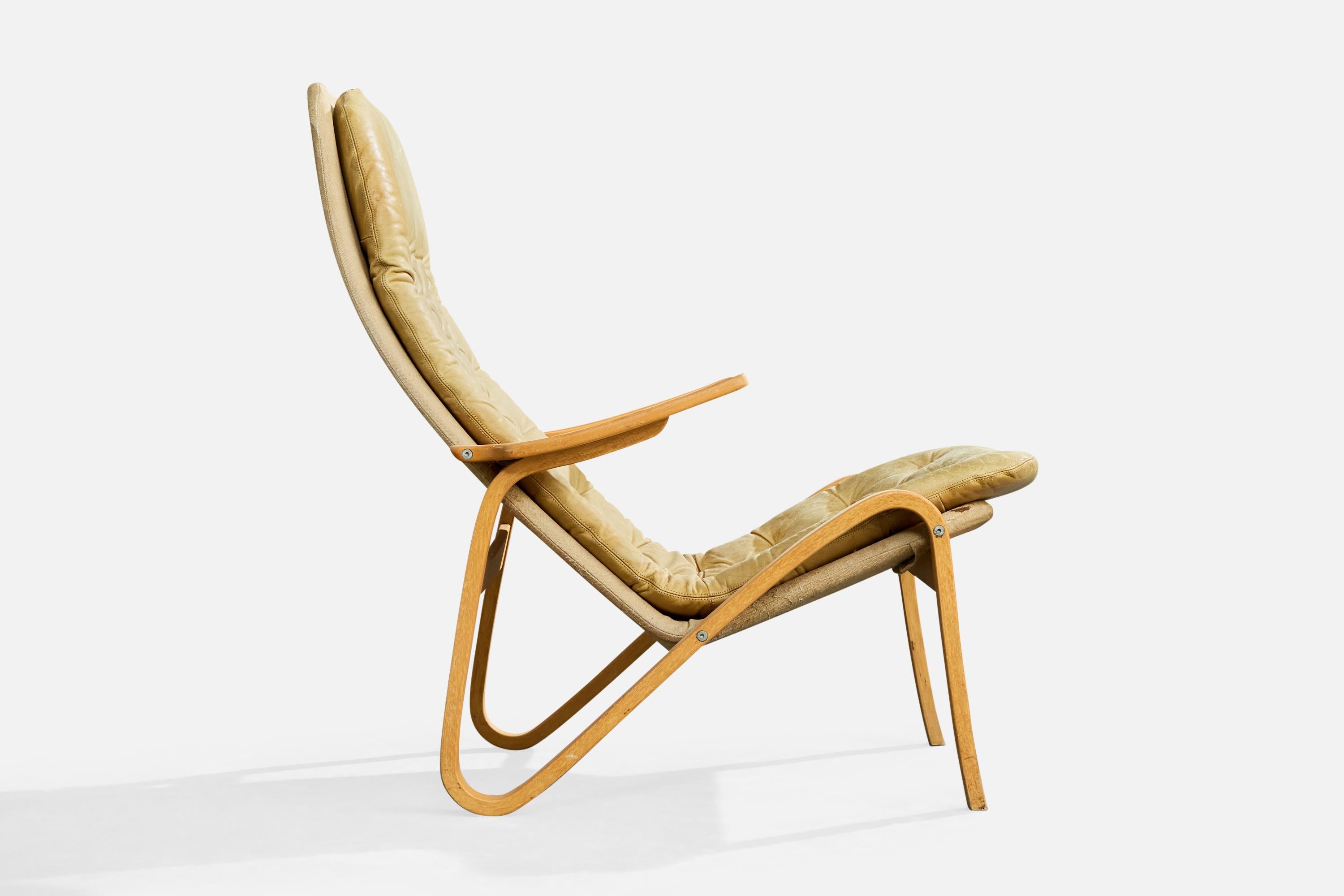 Sam Larsson, Silla de salón, Madera, Lienzo, Cuero, Suecia, 1970s finales del siglo XX en venta