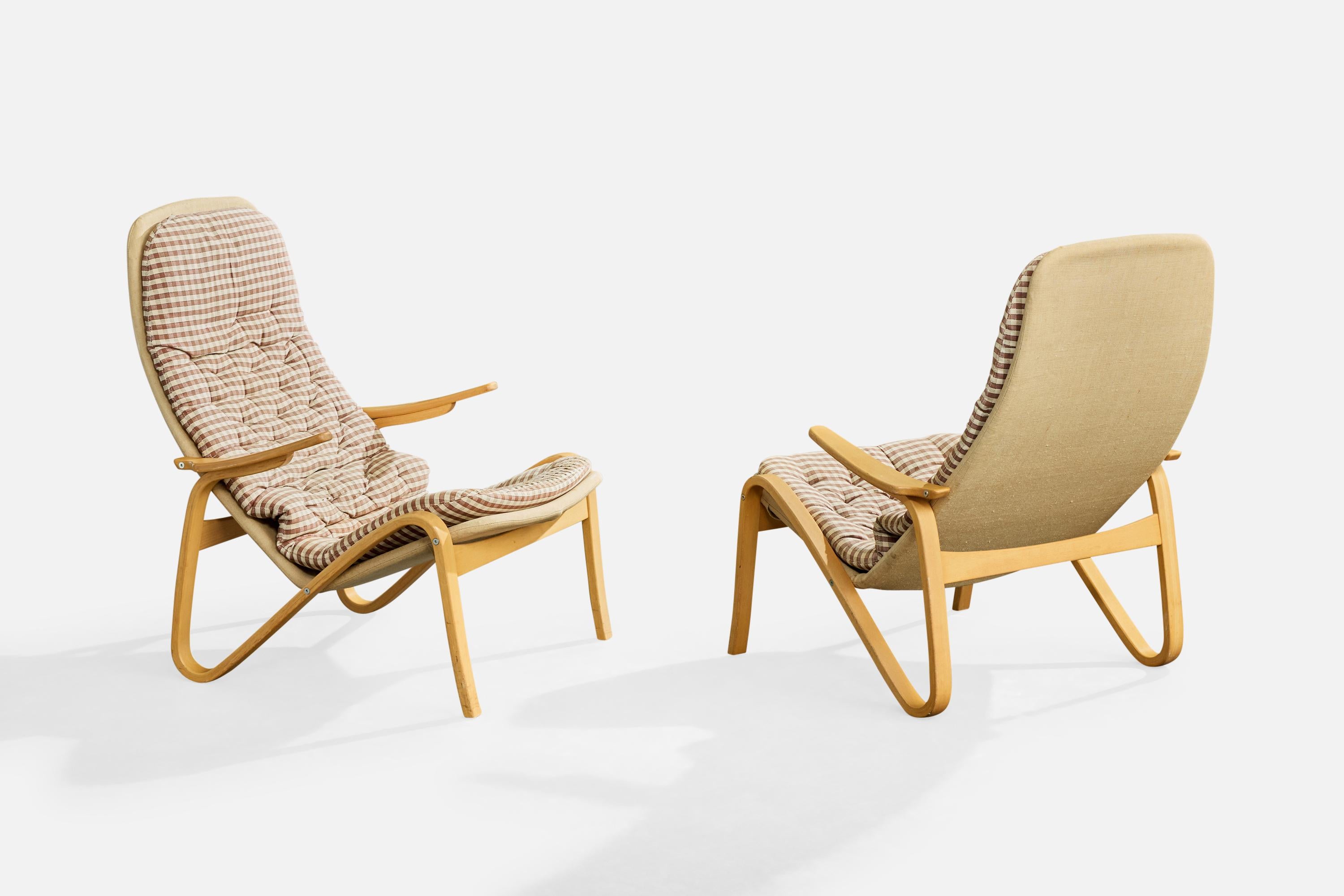 Sam Larsson, Sillas de salón, Madera, Lona, Tela, Suecia, 1970s Moderno de mediados de siglo en venta