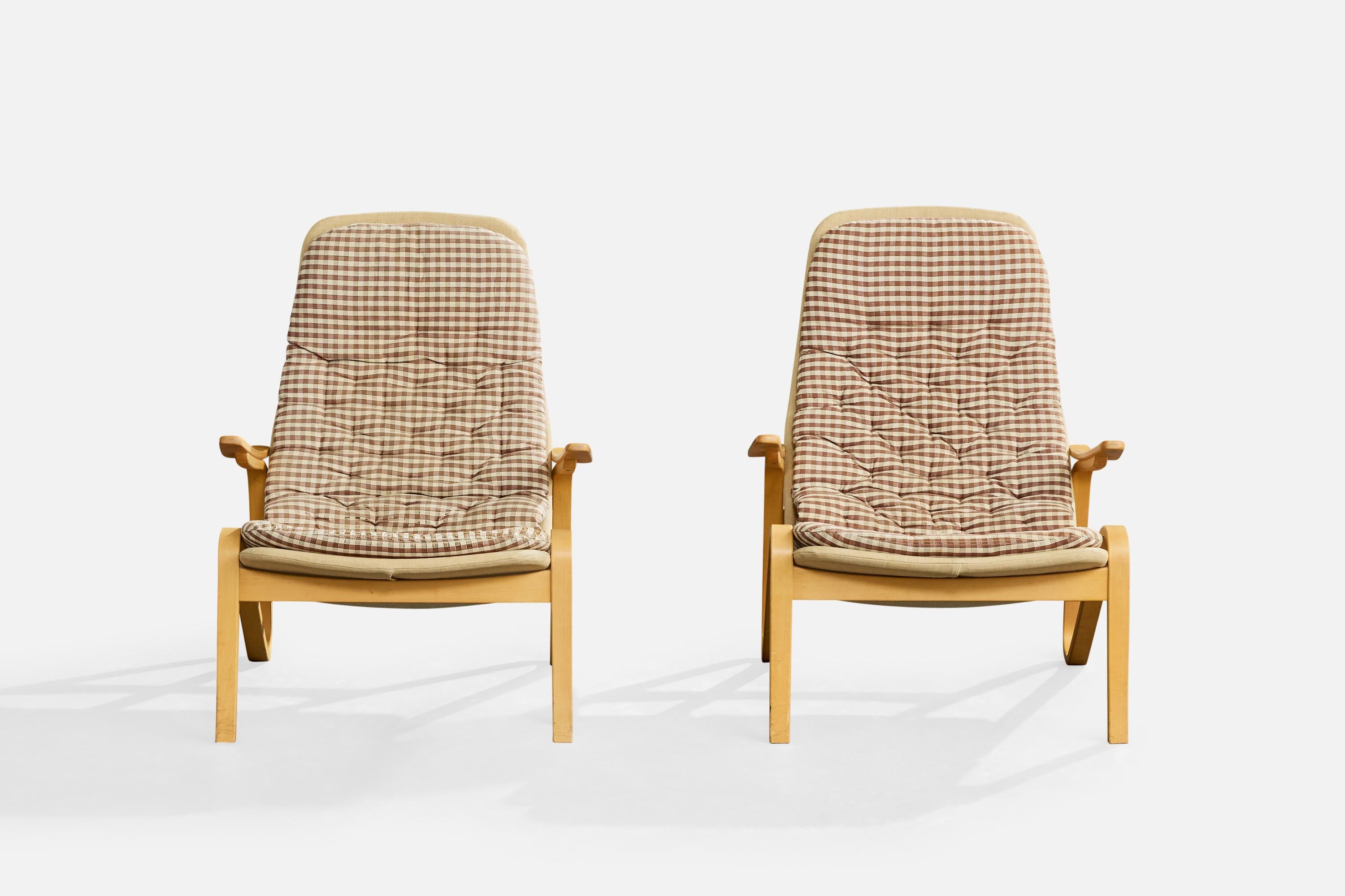 Sam Larsson, Sillas de salón, Madera, Lona, Tela, Suecia, 1970s Sueco en venta