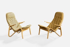 Sam Larsson, Lounge Chairs, Wood, Canvas, Leather, Sweden, 1970s