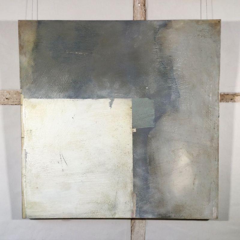 While Time Ticks - mixed media on canvas, abstract painting, grey and white - Painting by Sam Lock