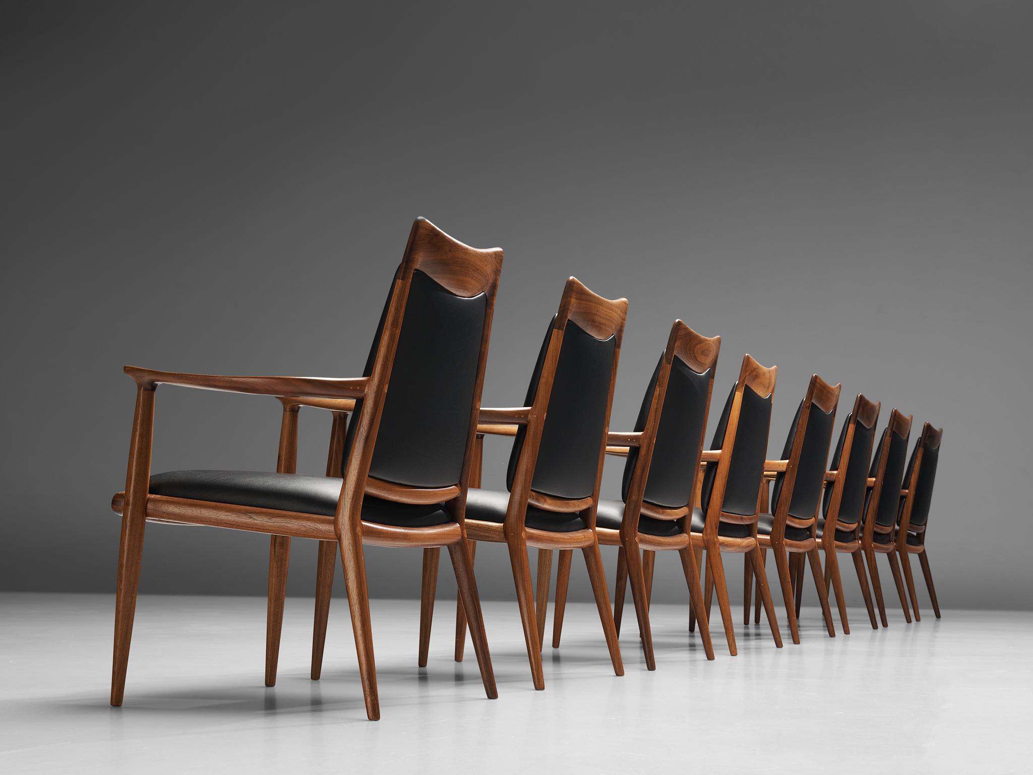 Mid-20th Century Sam Maloof Handcrafted Set of Ten Armchairs in Walnut and Black Leather