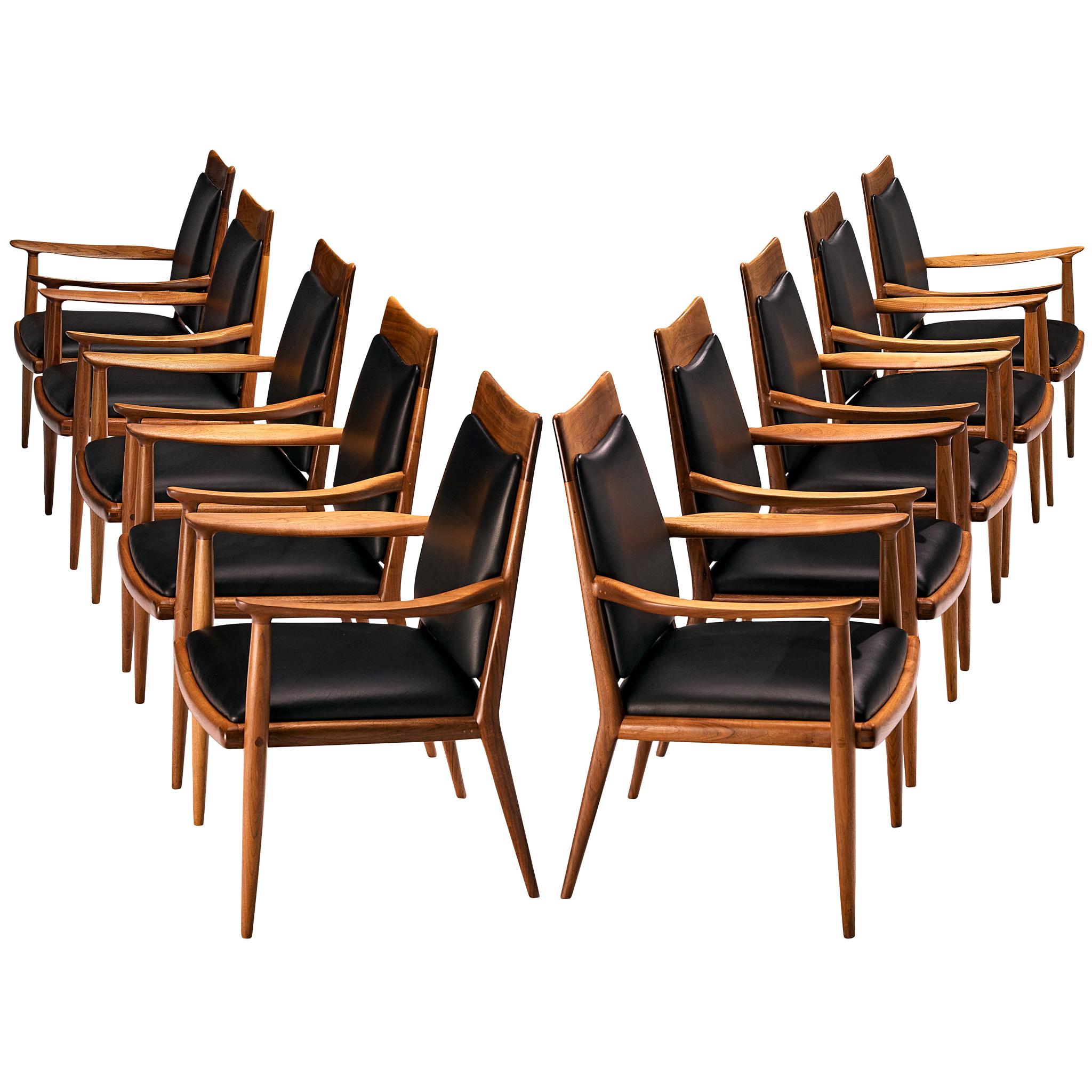 Sam Maloof Handcrafted Set of Ten Armchairs in Walnut and Black Leather