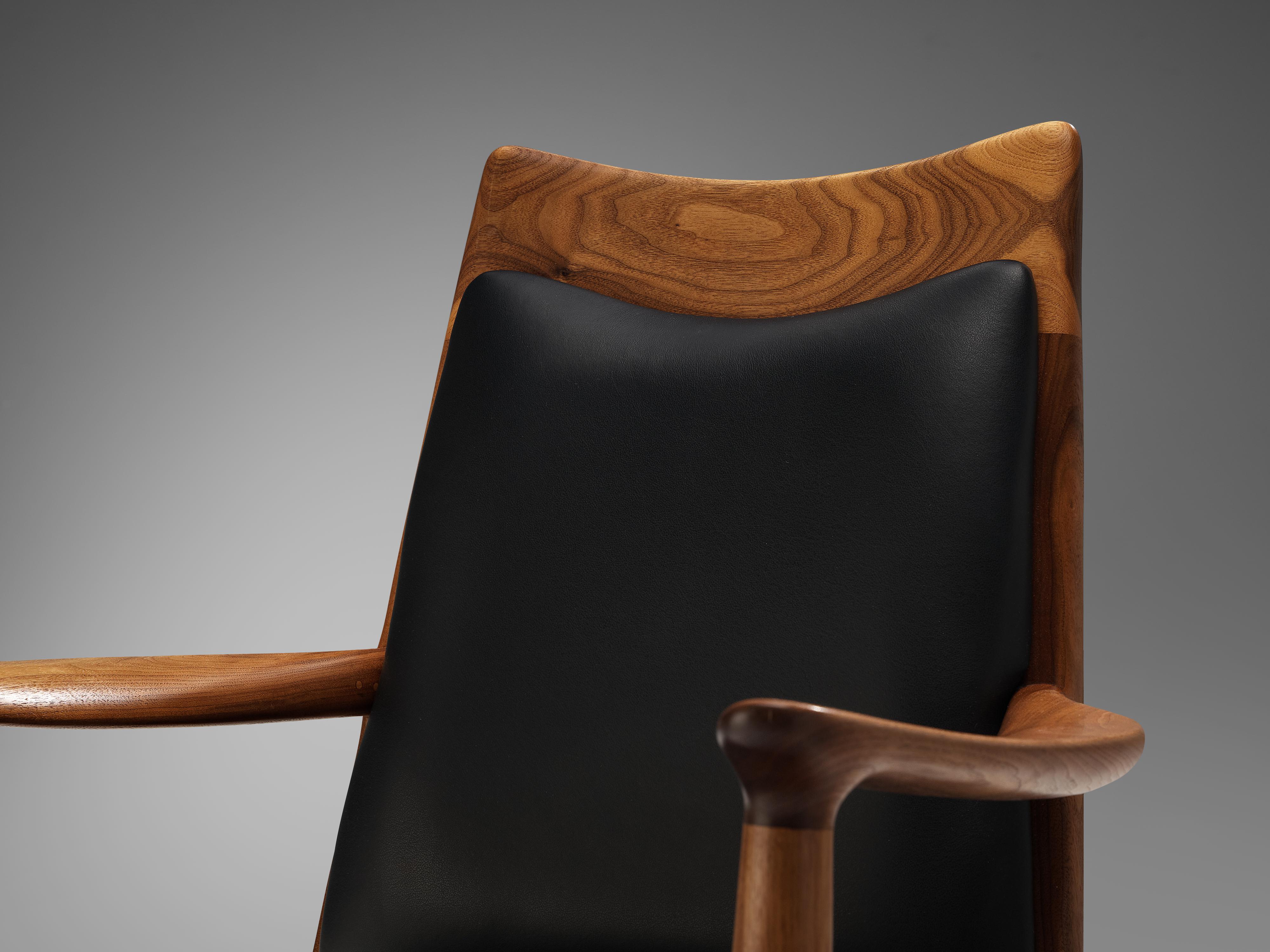 Mid-Century Modern Sam Maloof Handcrafted Armchairs in Walnut and Black Leather