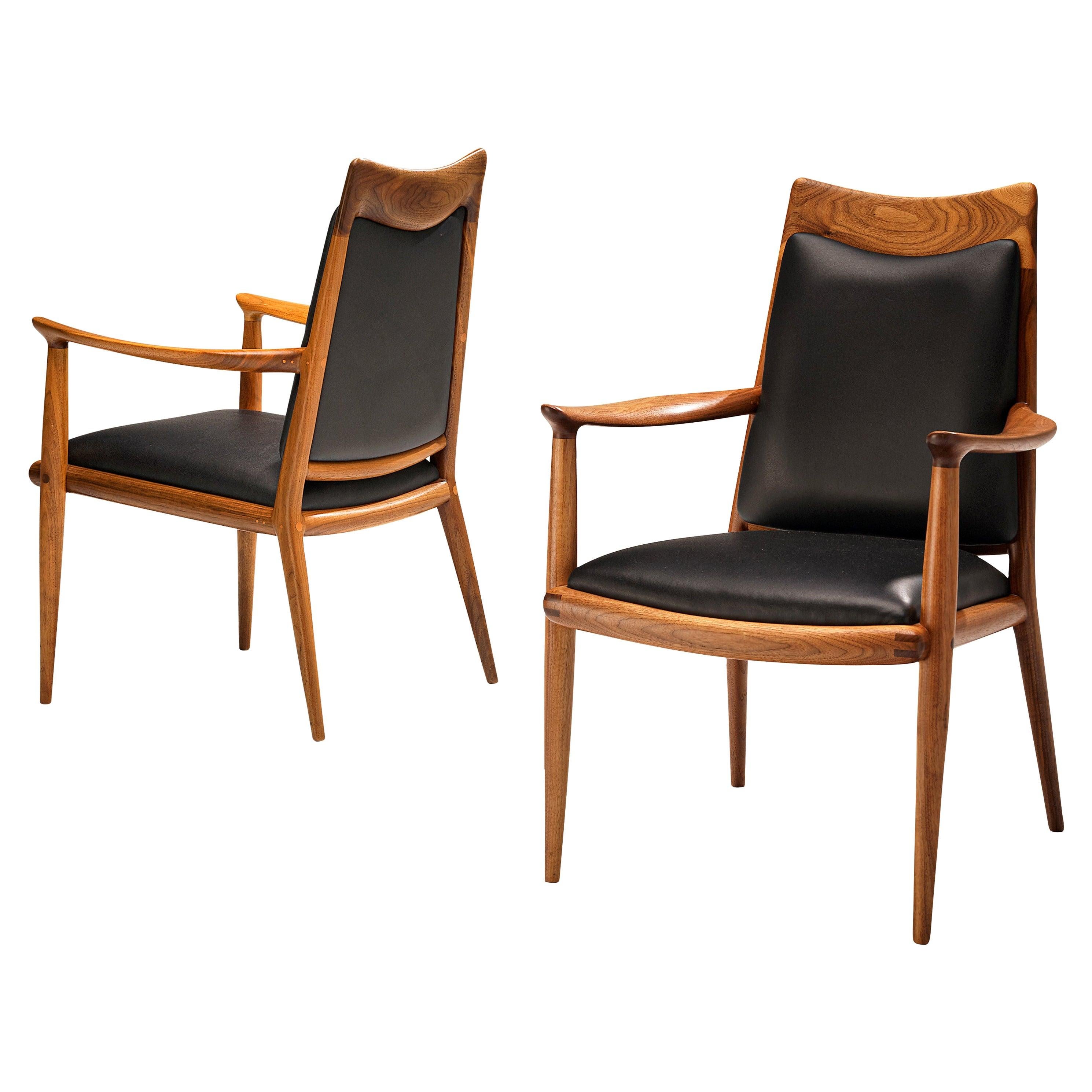 Sam Maloof Handcrafted Armchairs in Walnut and Black Leather