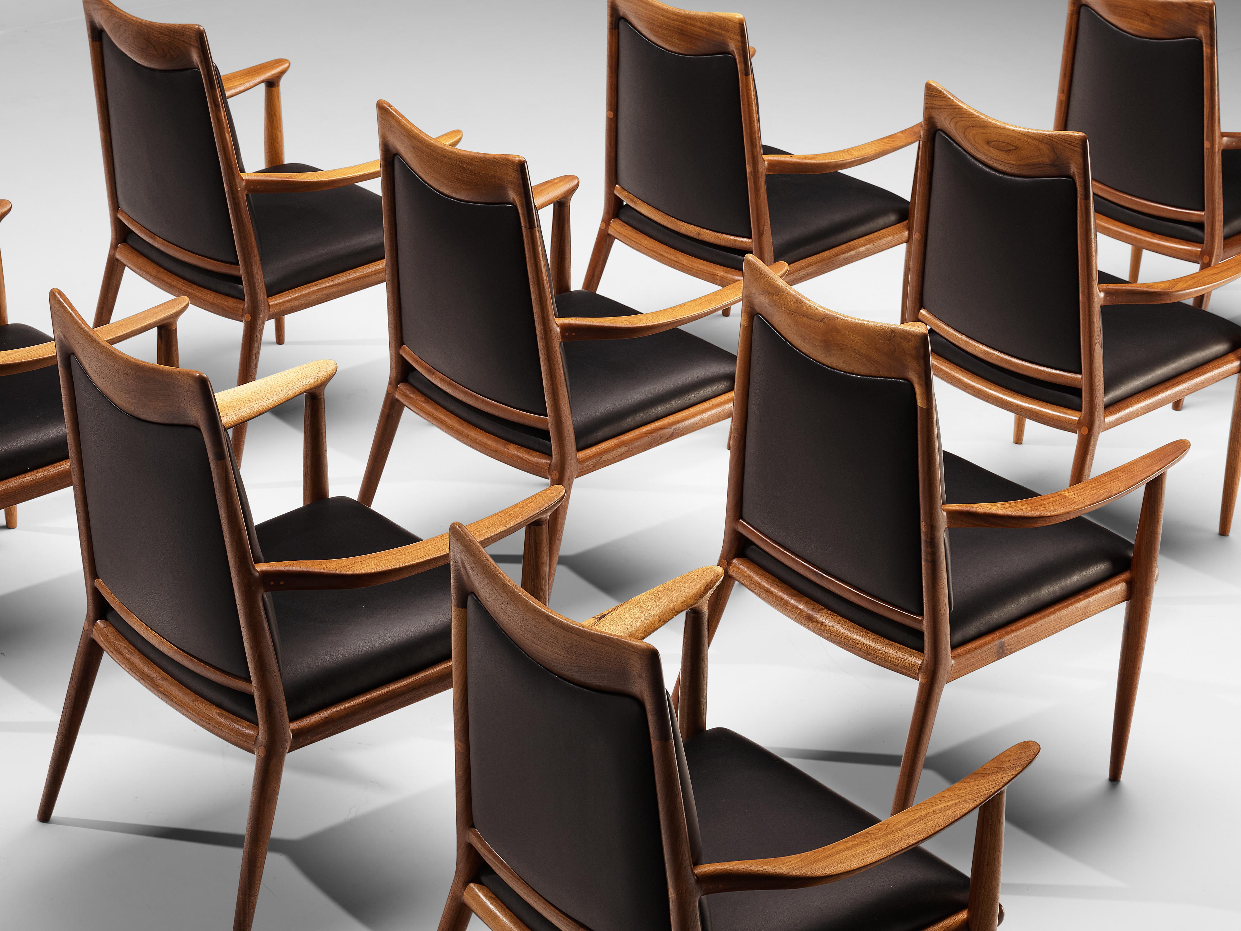 Sam Maloof Handcrafted Set of 10 Armchairs in Walnut and Black Leather