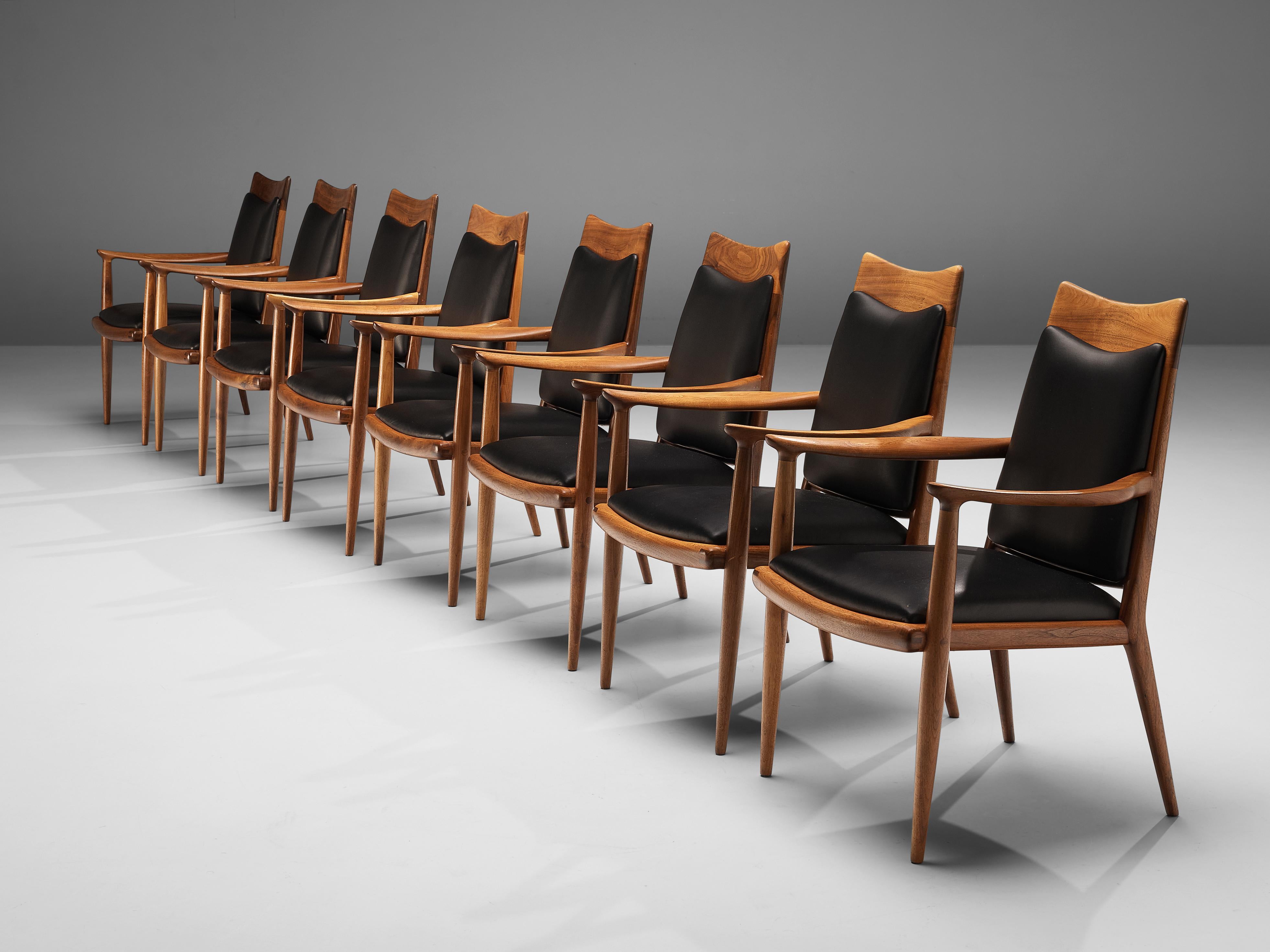 Sam Maloof Handcrafted Set of 10 Armchairs in Walnut and Black Leather 7