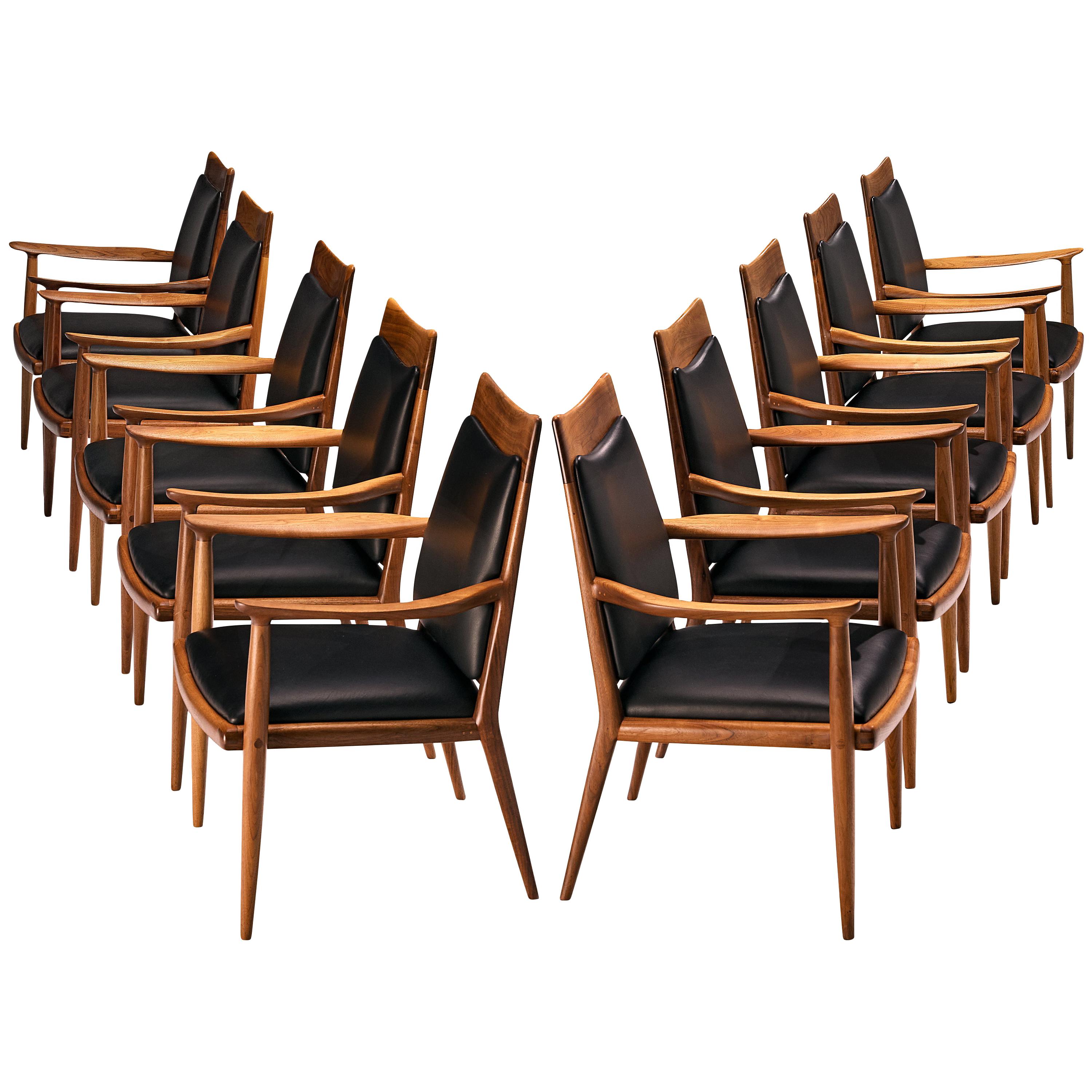 Sam Maloof Handcrafted Set of 10 Armchairs in Walnut and Black Leather