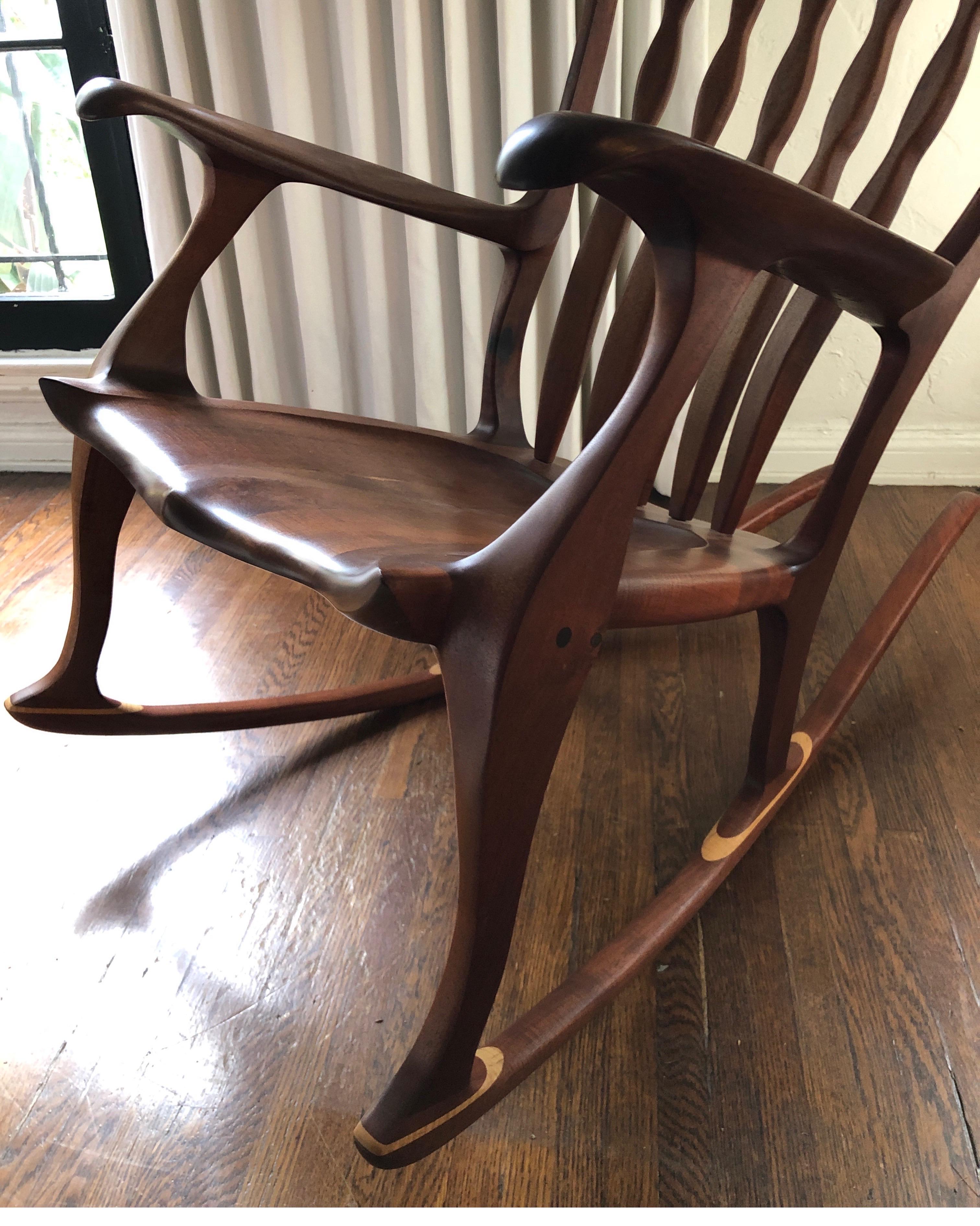 Hand-Crafted Sam Maloof Style Mid-Century Modern Rocking Chair, Signed Bill Kappel