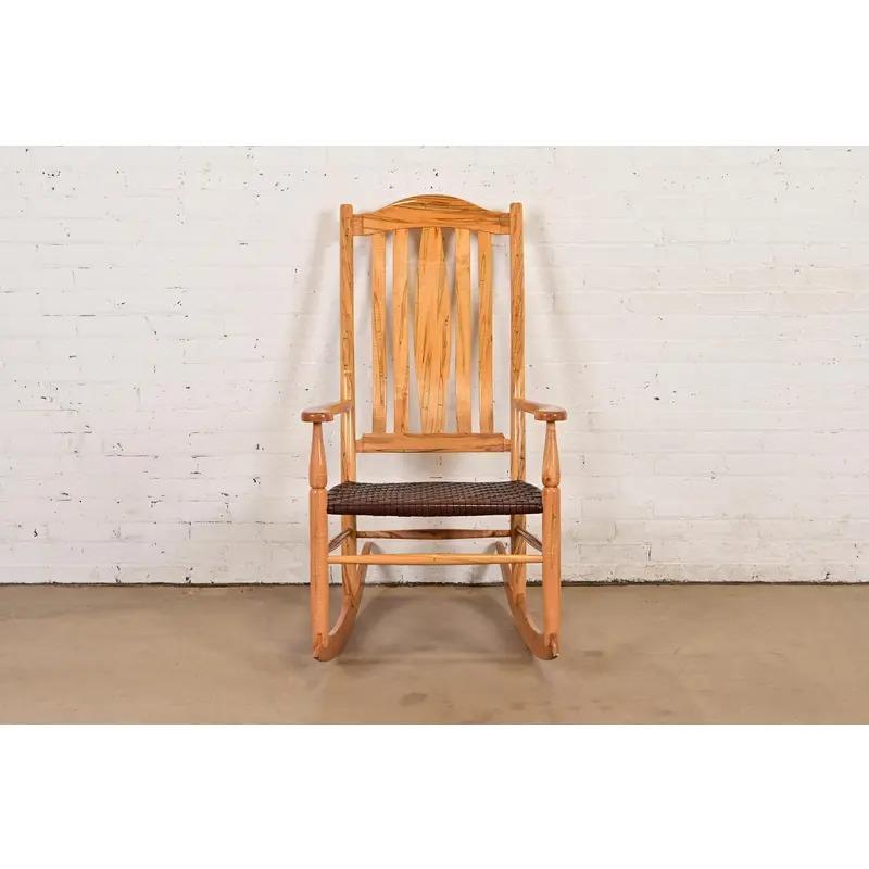 Arts and Crafts Sam Maloof Style Solid Spalted Maple and Woven Leather Rocking Chair For Sale