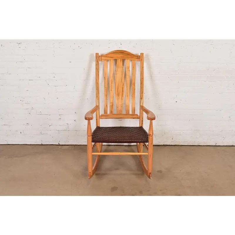 American Sam Maloof Style Solid Spalted Maple and Woven Leather Rocking Chair For Sale