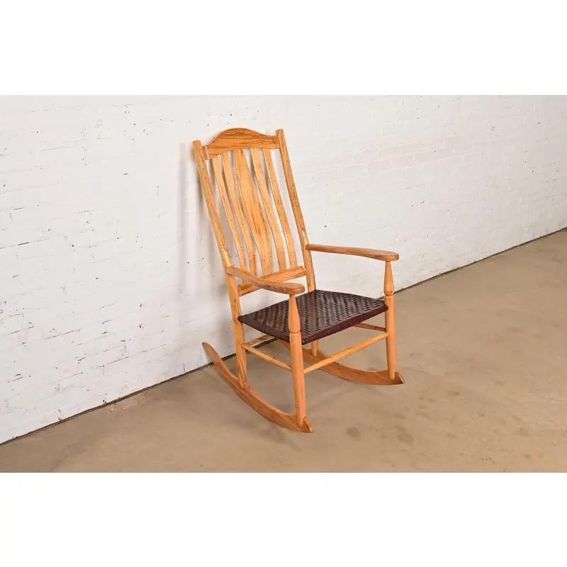 Sam Maloof Style Solid Spalted Maple and Woven Leather Rocking Chair In Good Condition For Sale In South Bend, IN