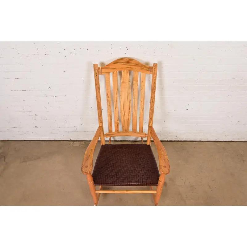 Contemporary Sam Maloof Style Solid Spalted Maple and Woven Leather Rocking Chair For Sale