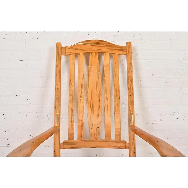 Sam Maloof Style Solid Spalted Maple and Woven Leather Rocking Chair For Sale 1