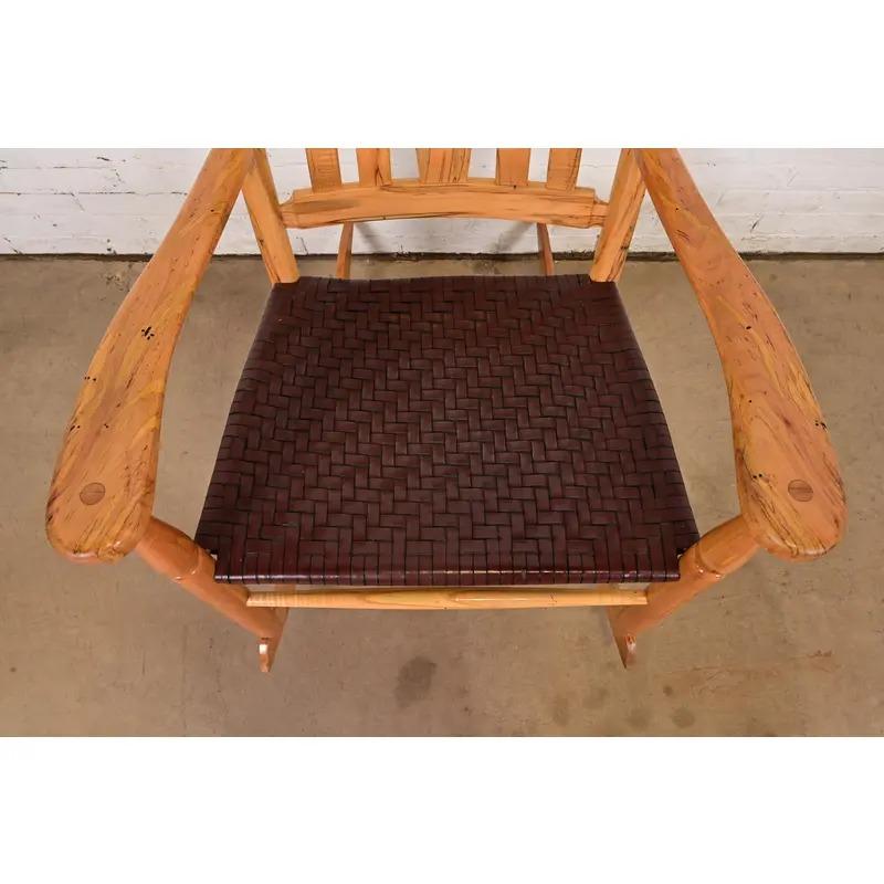 Sam Maloof Style Solid Spalted Maple and Woven Leather Rocking Chair For Sale 2