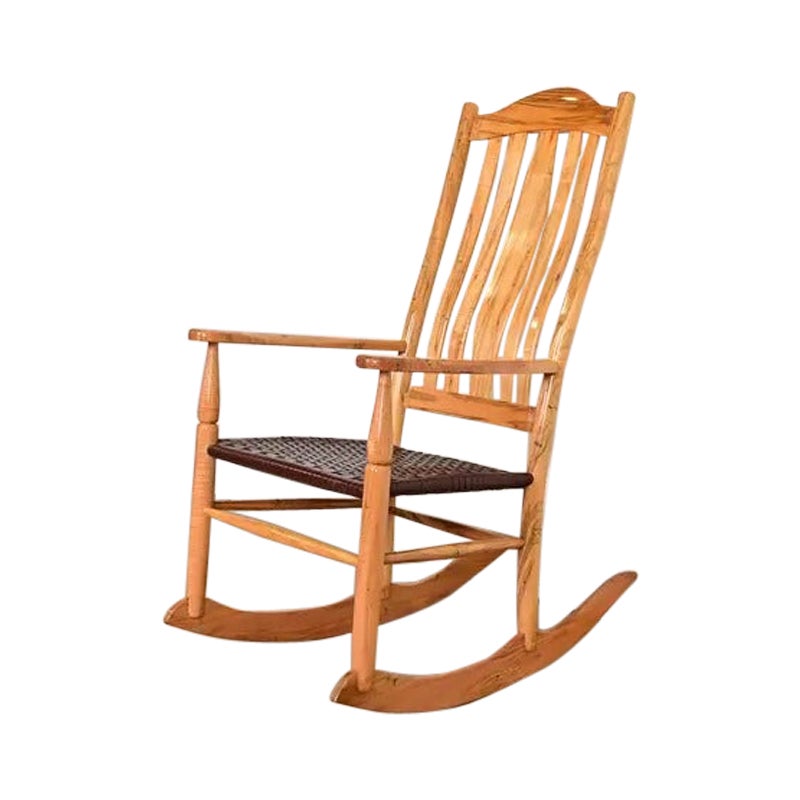 Sam Maloof Style Solid Spalted Maple and Woven Leather Rocking Chair For Sale