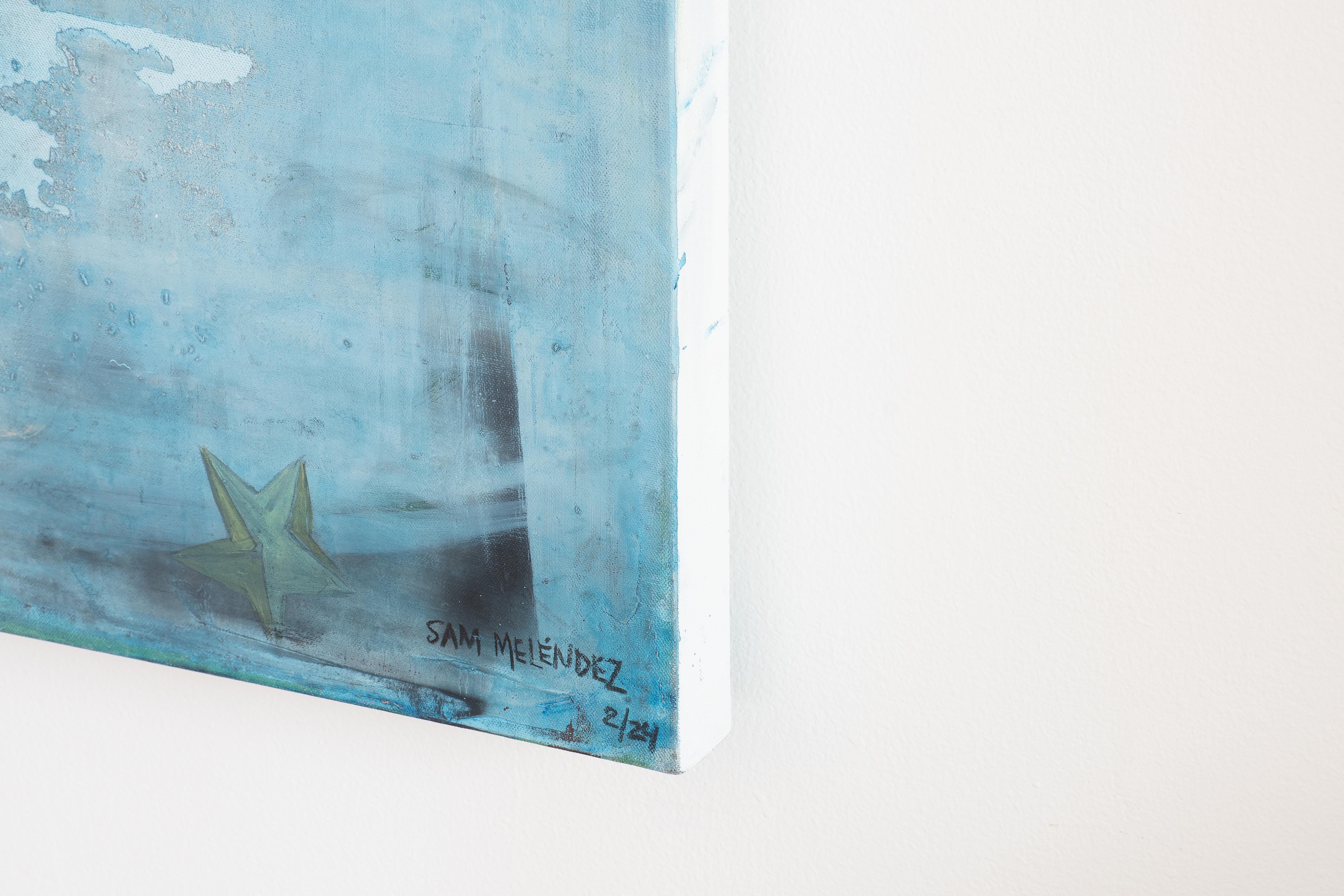 MAKE ROOM FOR NIR - Blue Figurative Painting by Sam Melendez