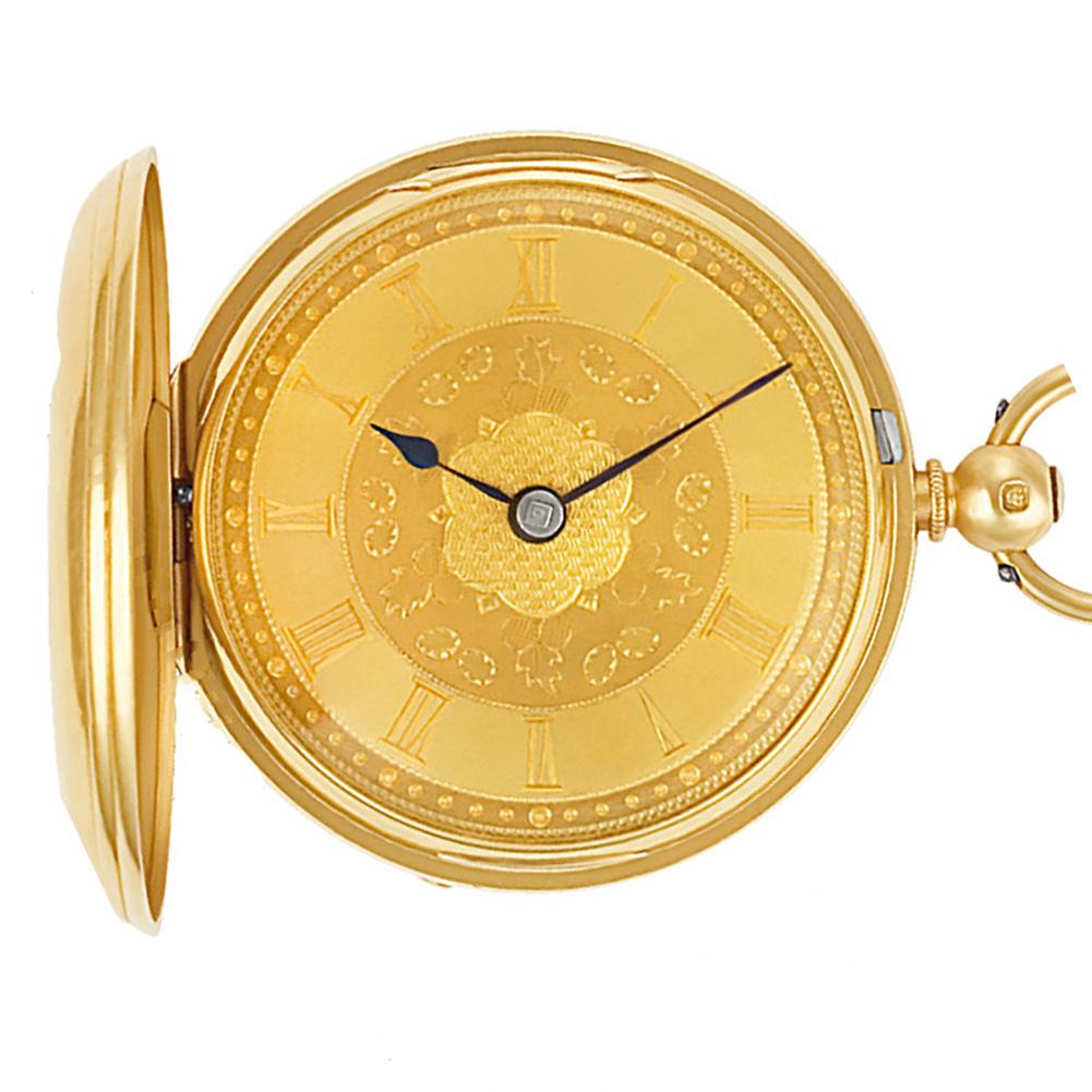 Sam Mercer Liverpool hunter case pocket watch in 18k yellow gold. 18k gold hand engraved dial. Key wind, key set English lever fusee movement. Circa 1830's. Fine Pre-owned Sam Mercer Watch.   Certified preowned Vintage Sam Mercer Liverpool watch is