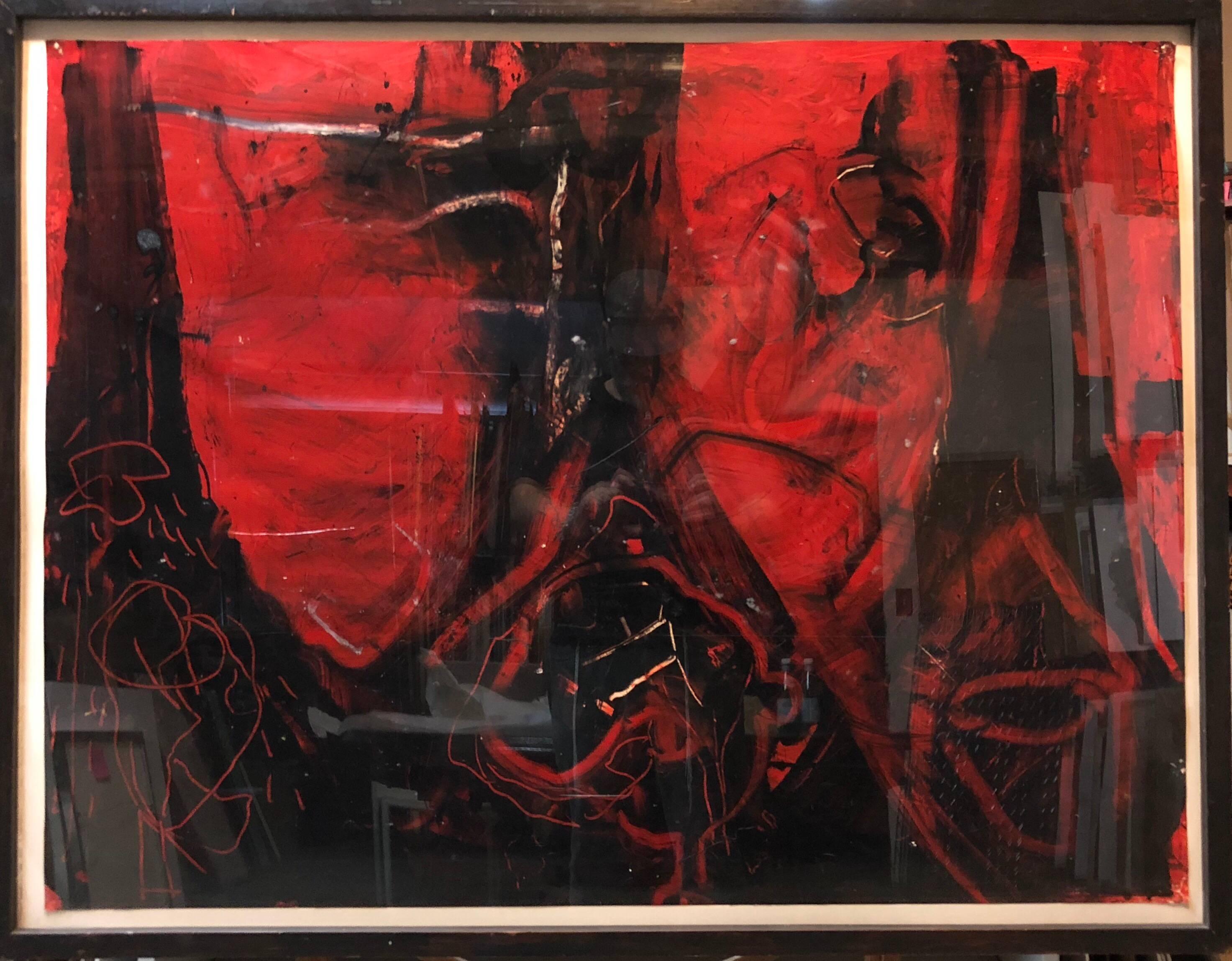 Large Abstract Expressionist Bold Red Enamel Oil Painting 1
