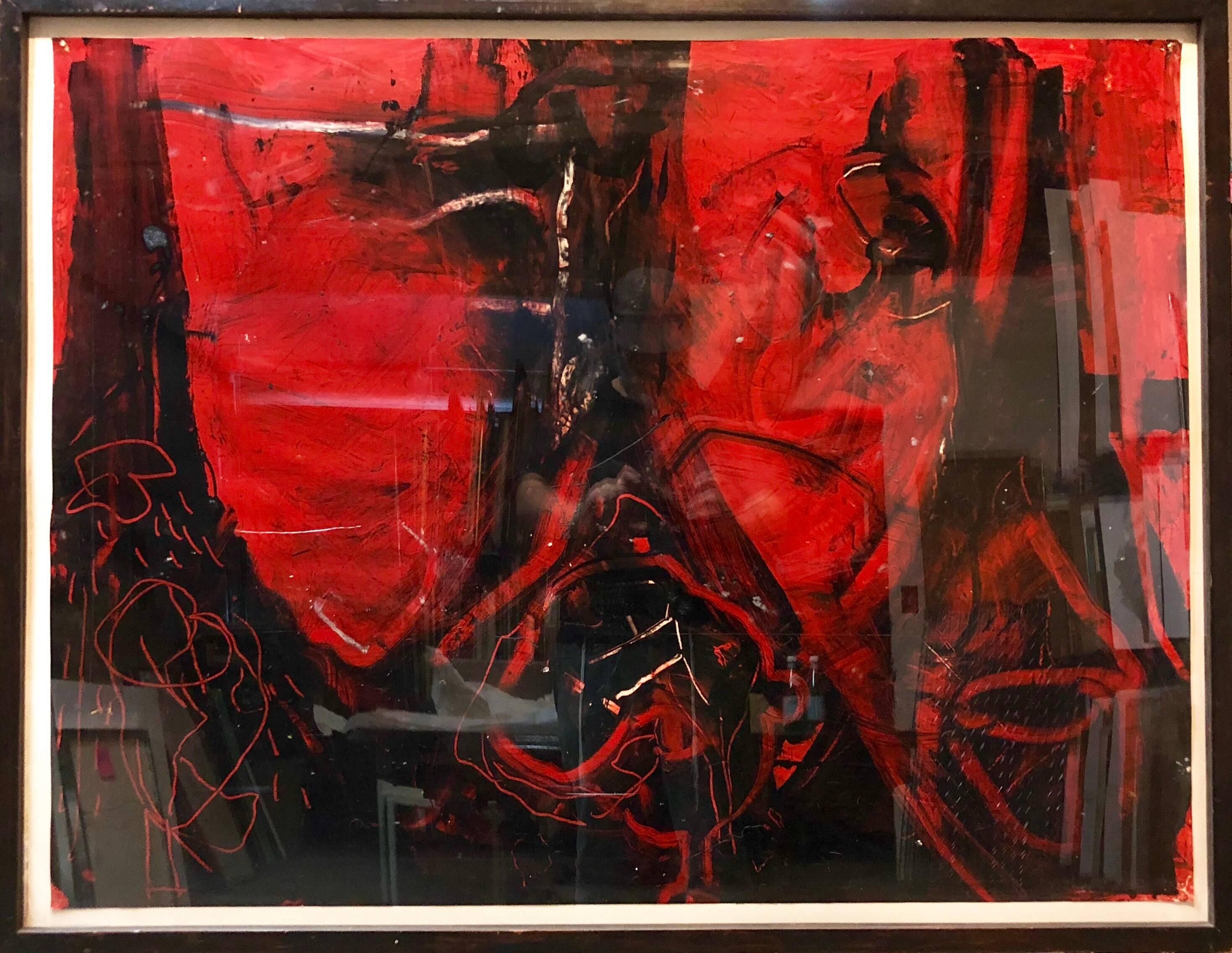 Sam Messer Abstract Painting - Large Abstract Expressionist Bold Red Enamel Oil Painting