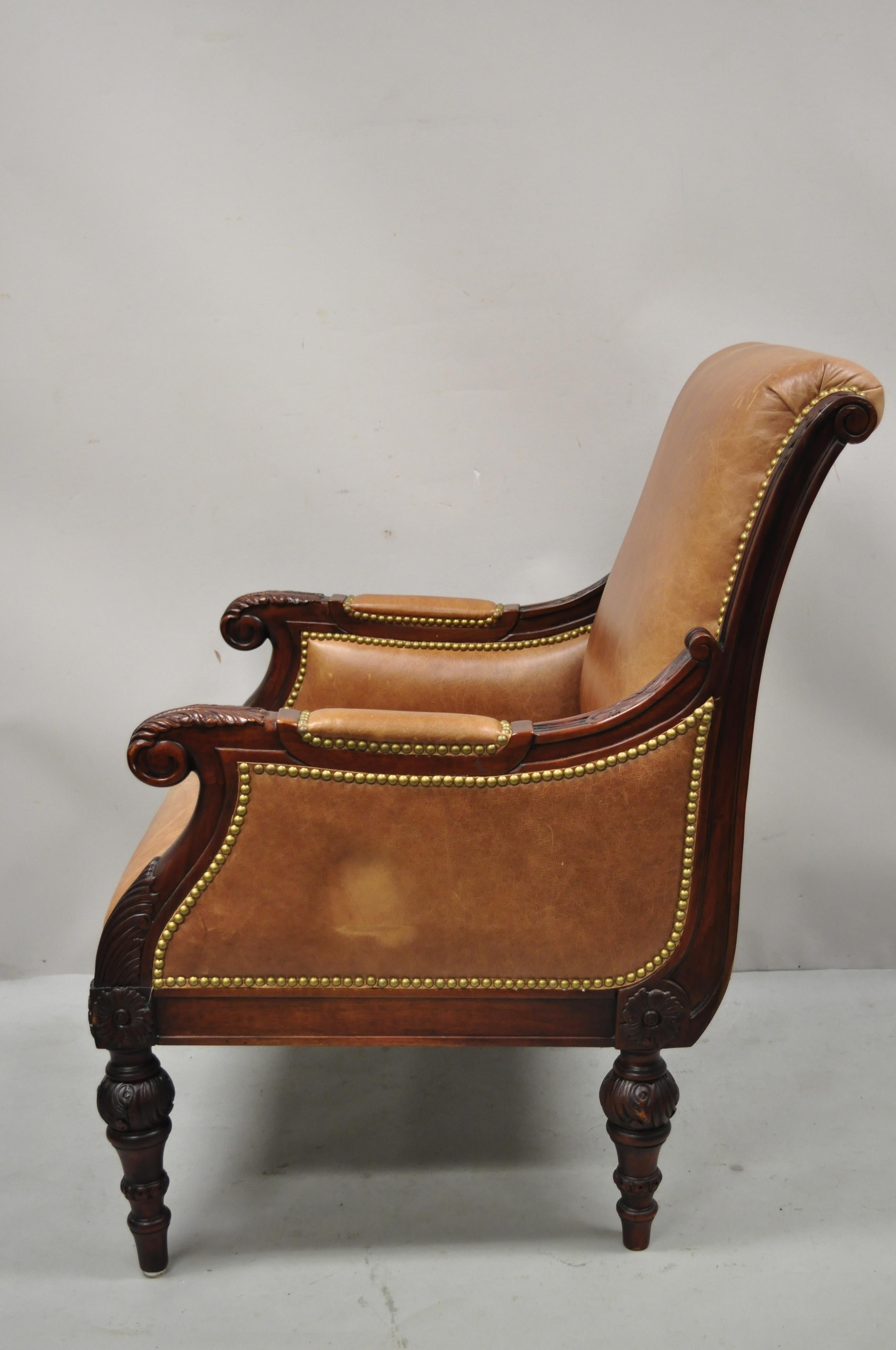 Sam Moore Brown Saddle Leather Carved Wood Regency Lounge Arm Chairs, a Pair 3