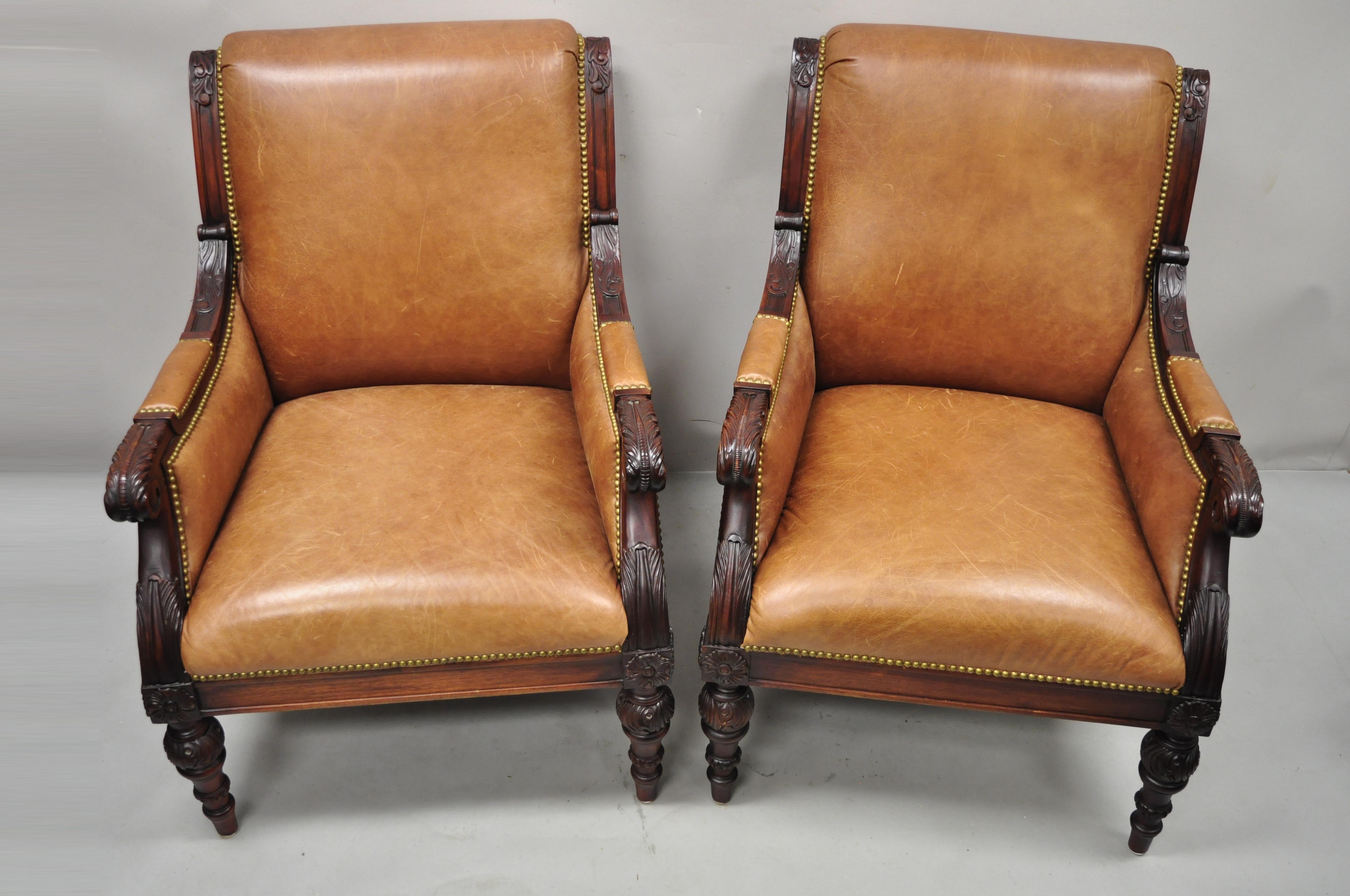 Sam Moore Brown Saddle Leather Carved Wood Regency Lounge Arm Chairs, a Pair 4