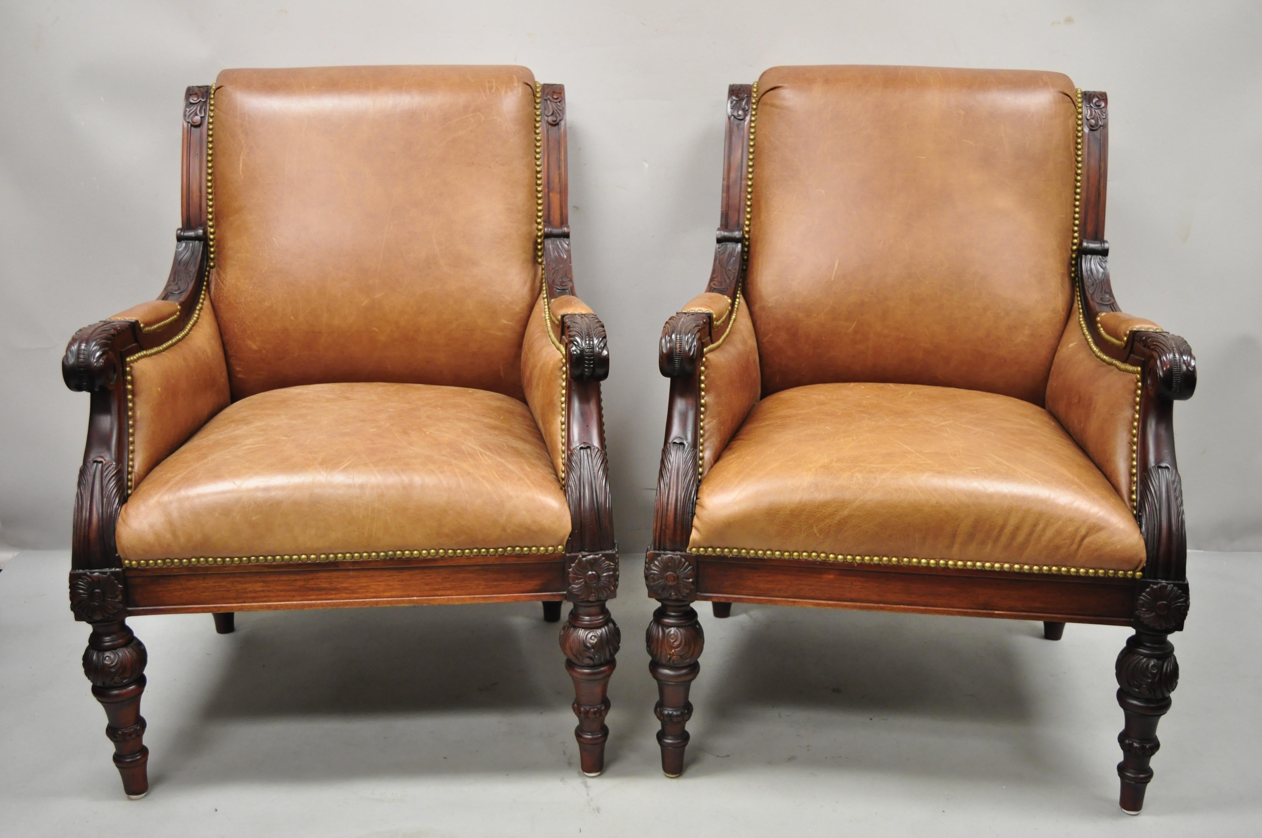 Sam Moore Brown saddle leather carved wood regency style lounge arm chairs - a pair. Item features distressed brown 