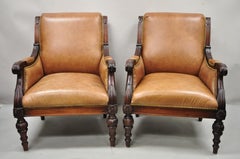 Sam Moore Brown Saddle Leather Carved Wood Regency Lounge Arm Chairs, a Pair