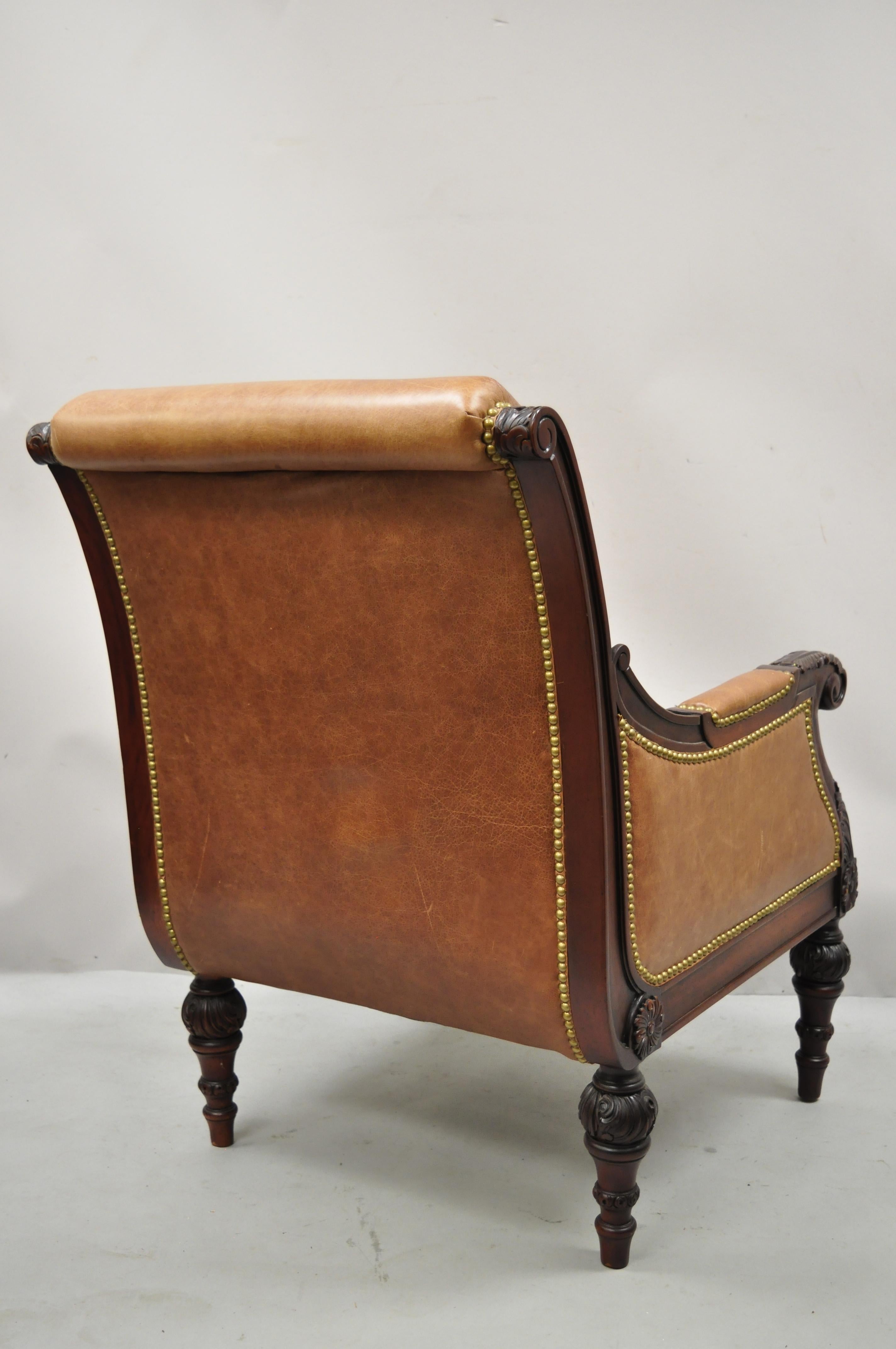 20th Century Sam Moore Brown Saddle Leather Carved Wood Regency Lounge Arm Chairs, a Pair