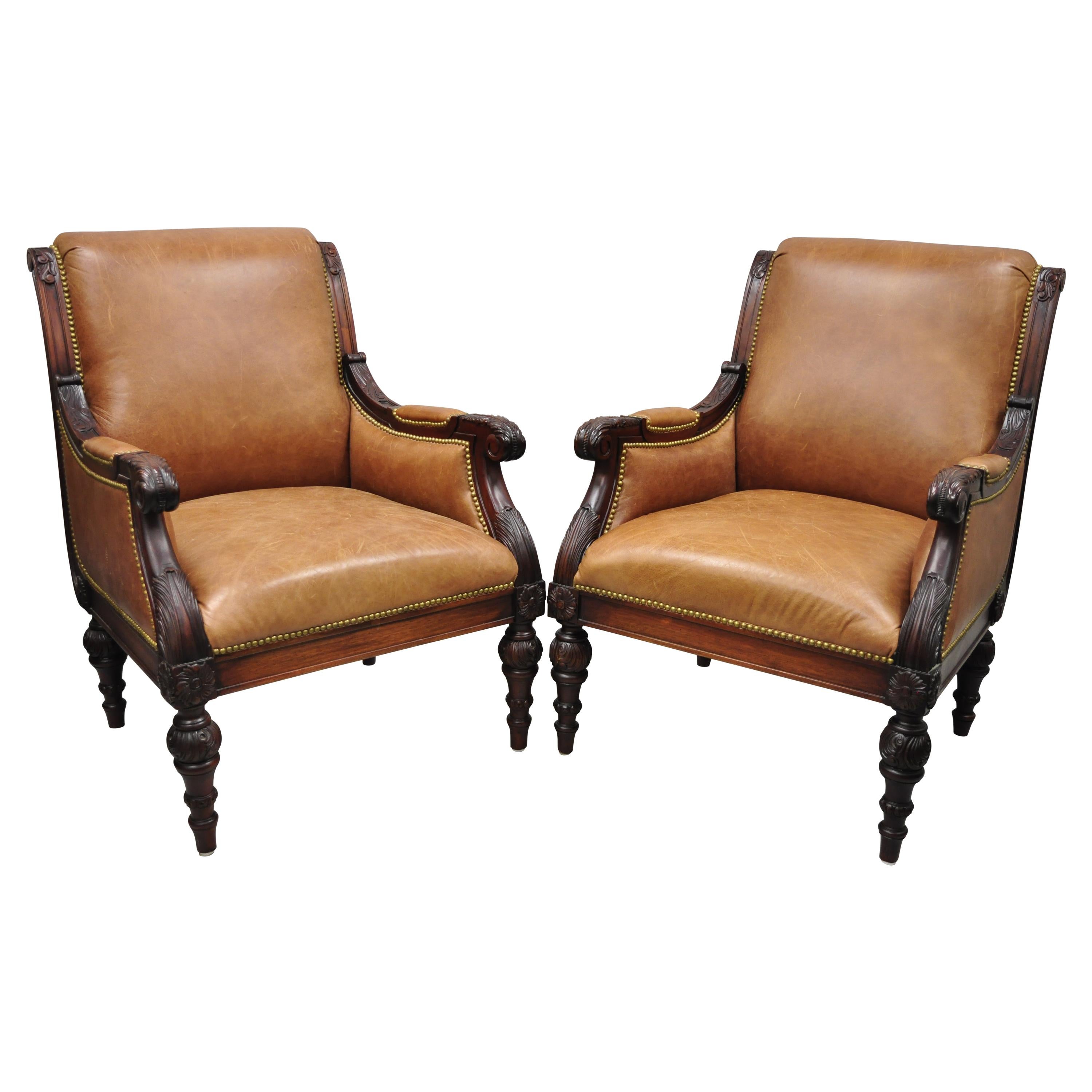 Sam Moore Brown Saddle Leather Carved Wood Regency Lounge Arm Chairs, a Pair