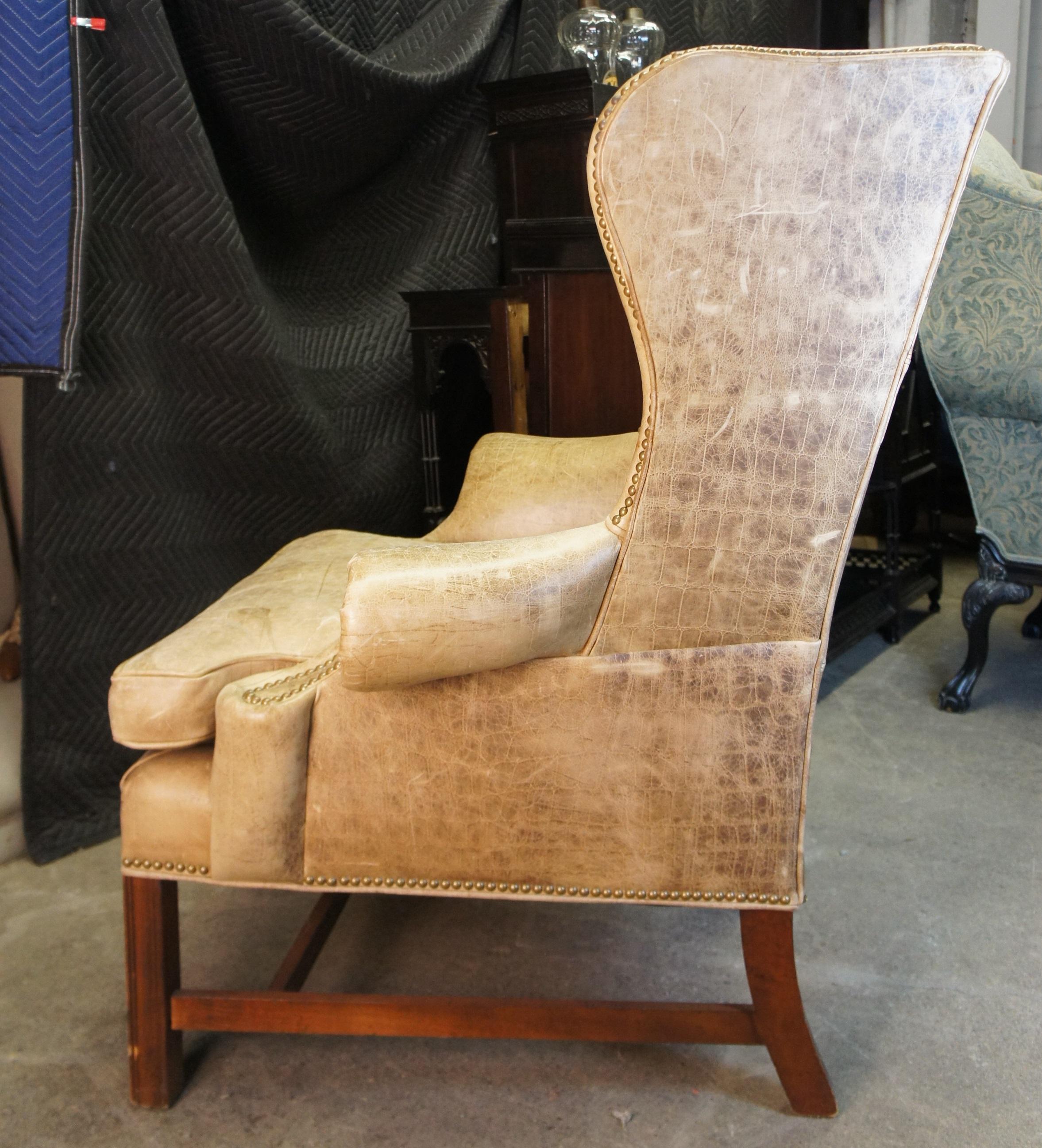 Sam Moore Chippendale Georgian Style Leather Wingback Club Arm Chair Nailhead In Good Condition In Dayton, OH