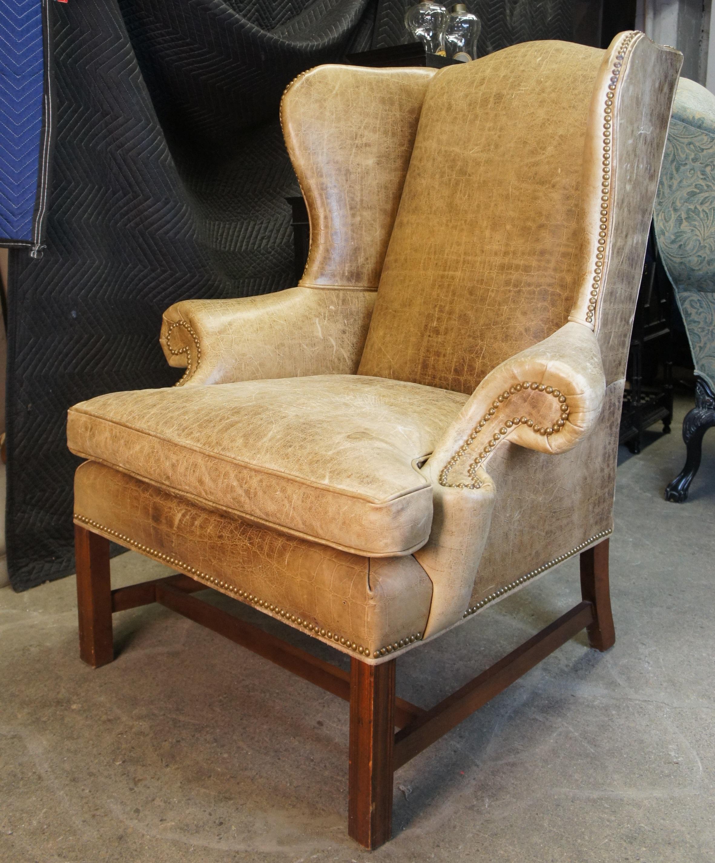 Late 20th Century Sam Moore Chippendale Georgian Style Leather Wingback Club Arm Chair Nailhead