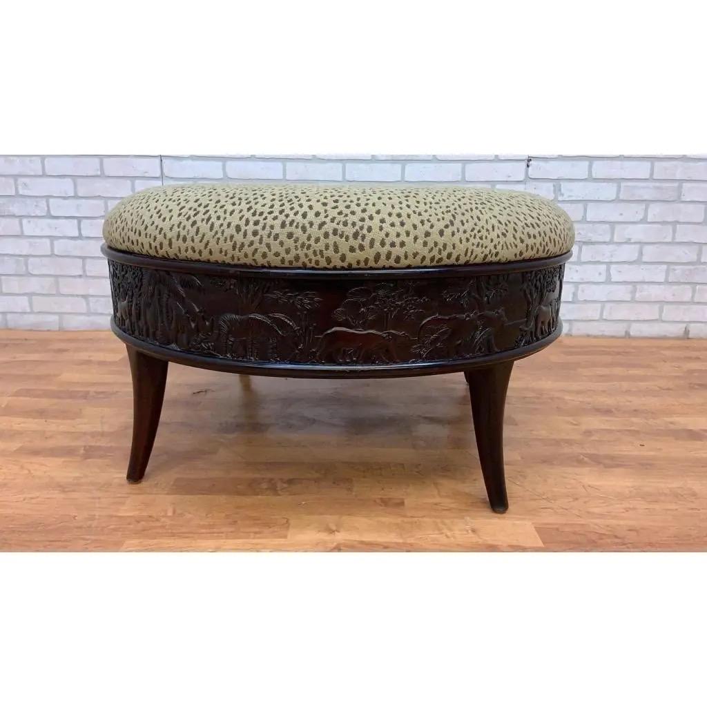 Sam Moore Round Cocktail Ottoman With Carved Frame and Cheetah Print Upholstery

This ottoman features an ornate hand carved wood frame with cheetah print upholstery by Sam Moore. The frame exhibits a forested landscape with safari animals. 

Item