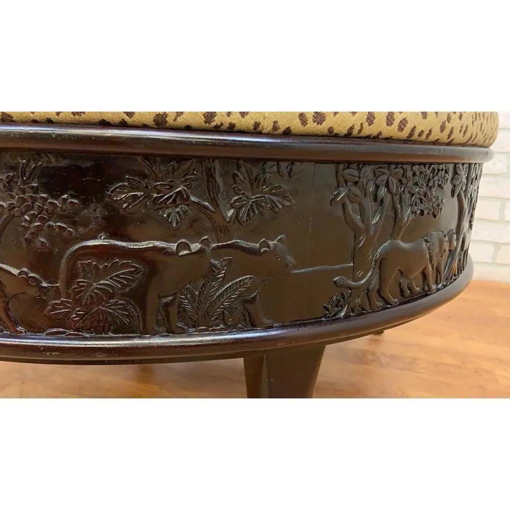 Hand-Carved Sam Moore Cocktail Ottoman With Carved Frame & Cheetah Print Upholstery