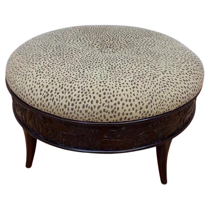 Sam Moore Cocktail Ottoman With Carved Frame & Cheetah Print Upholstery