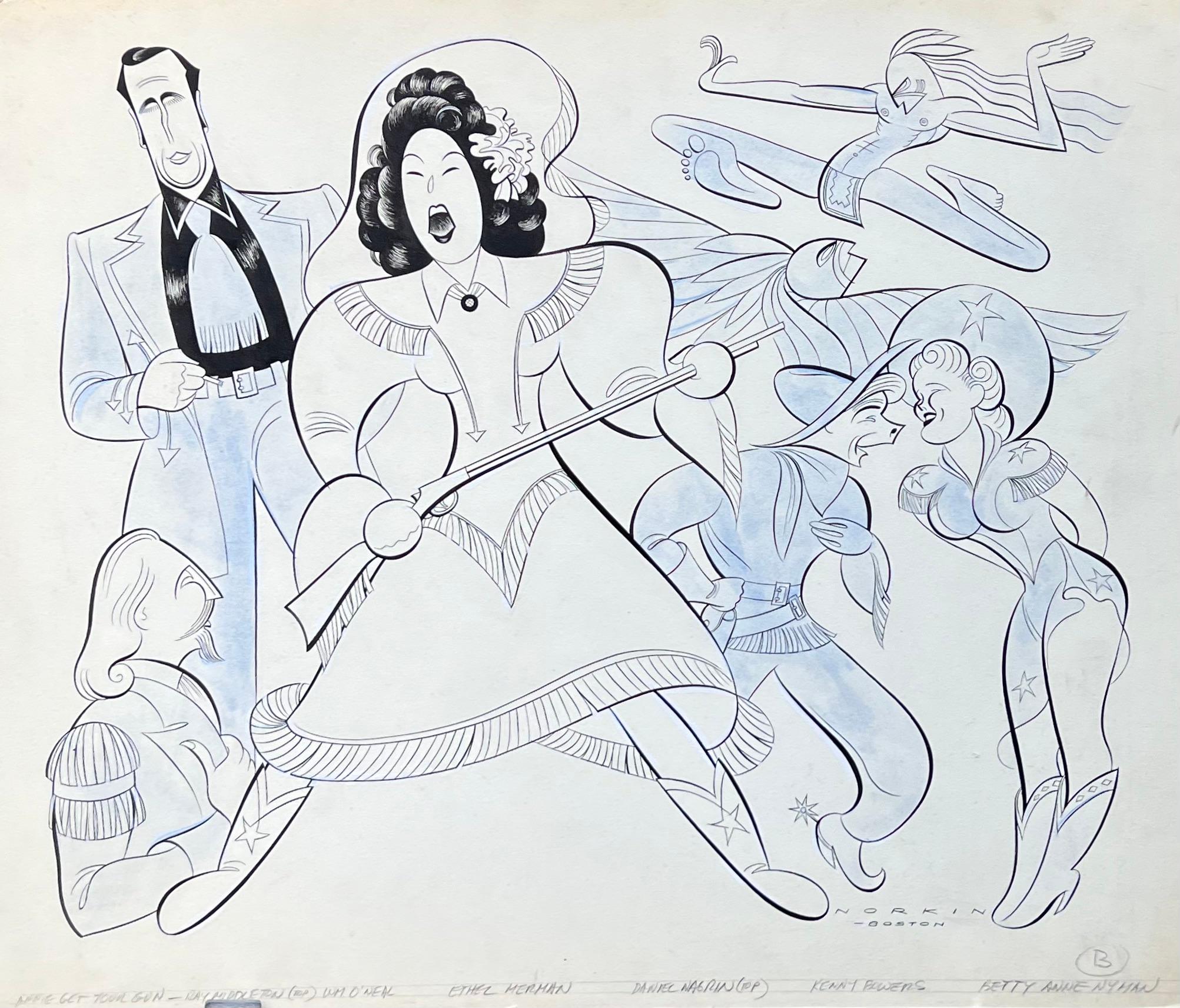 Sam Norkin  Figurative Art – Original "Annie Get Your Gun" von Ethel Merman aus der Mitte des Jahrhunderts  Broadway Broadway-Theaterzeichnung