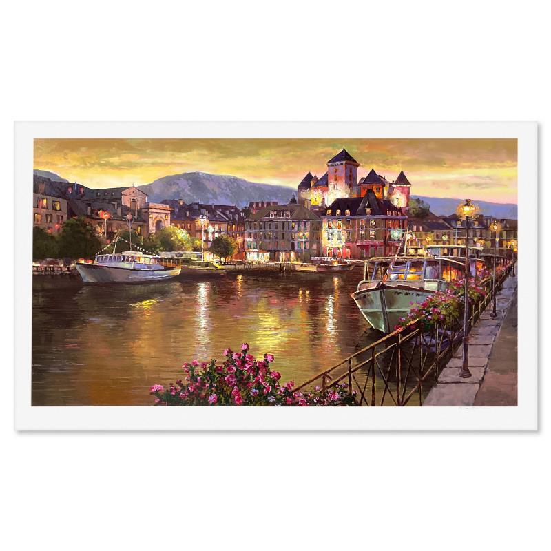 "Annecy Night" is a limited edition printer's proof on paper by Sam Park, numbered and hand signed by the artist. Includes Letter of Authenticity. Measures approx. 33" x 56.5" (border), 28.5" x 52.5" (image).