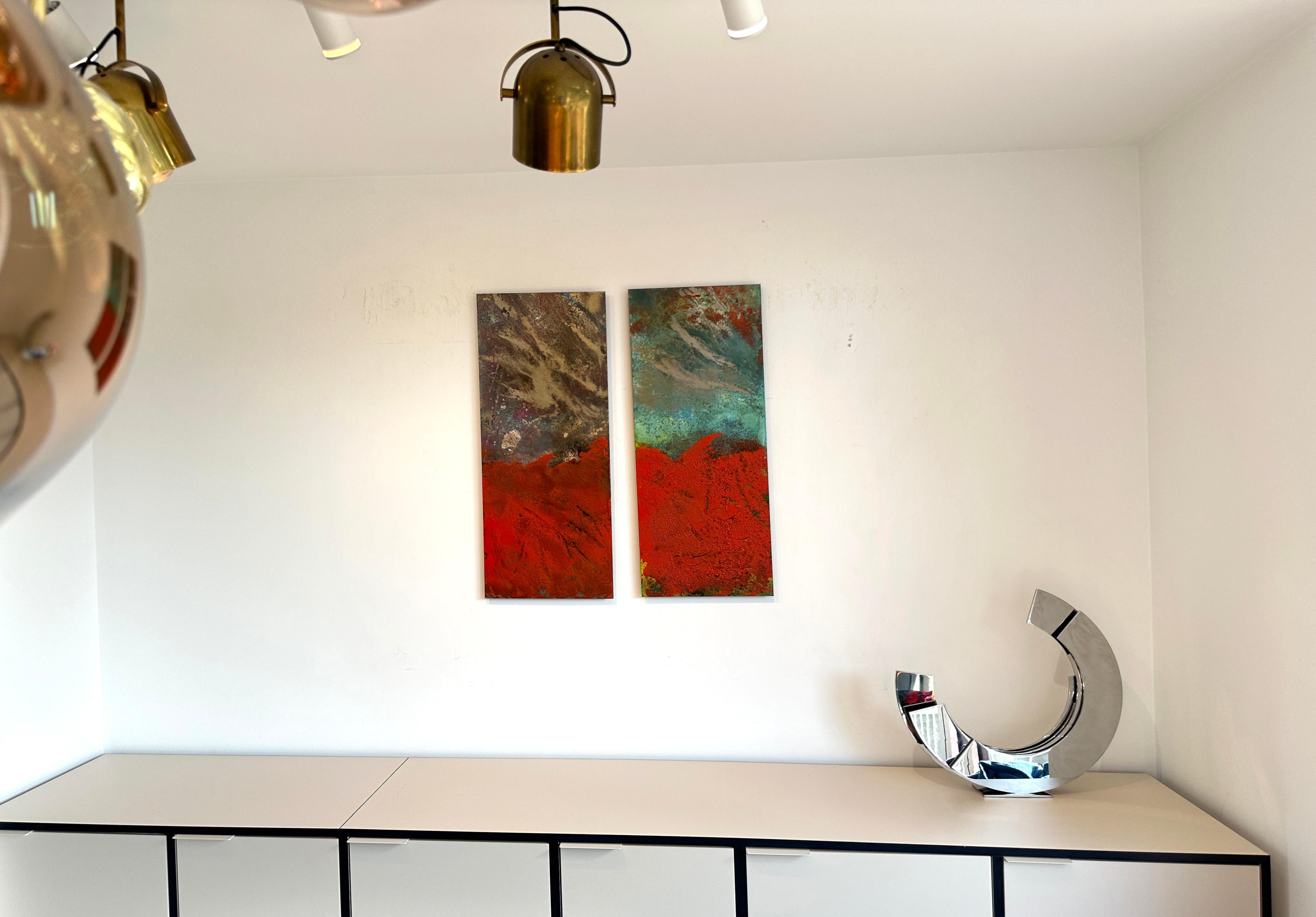 Paynton - Oil, Coffee and Parafin on steel, abstract landscape painting in vendita 6