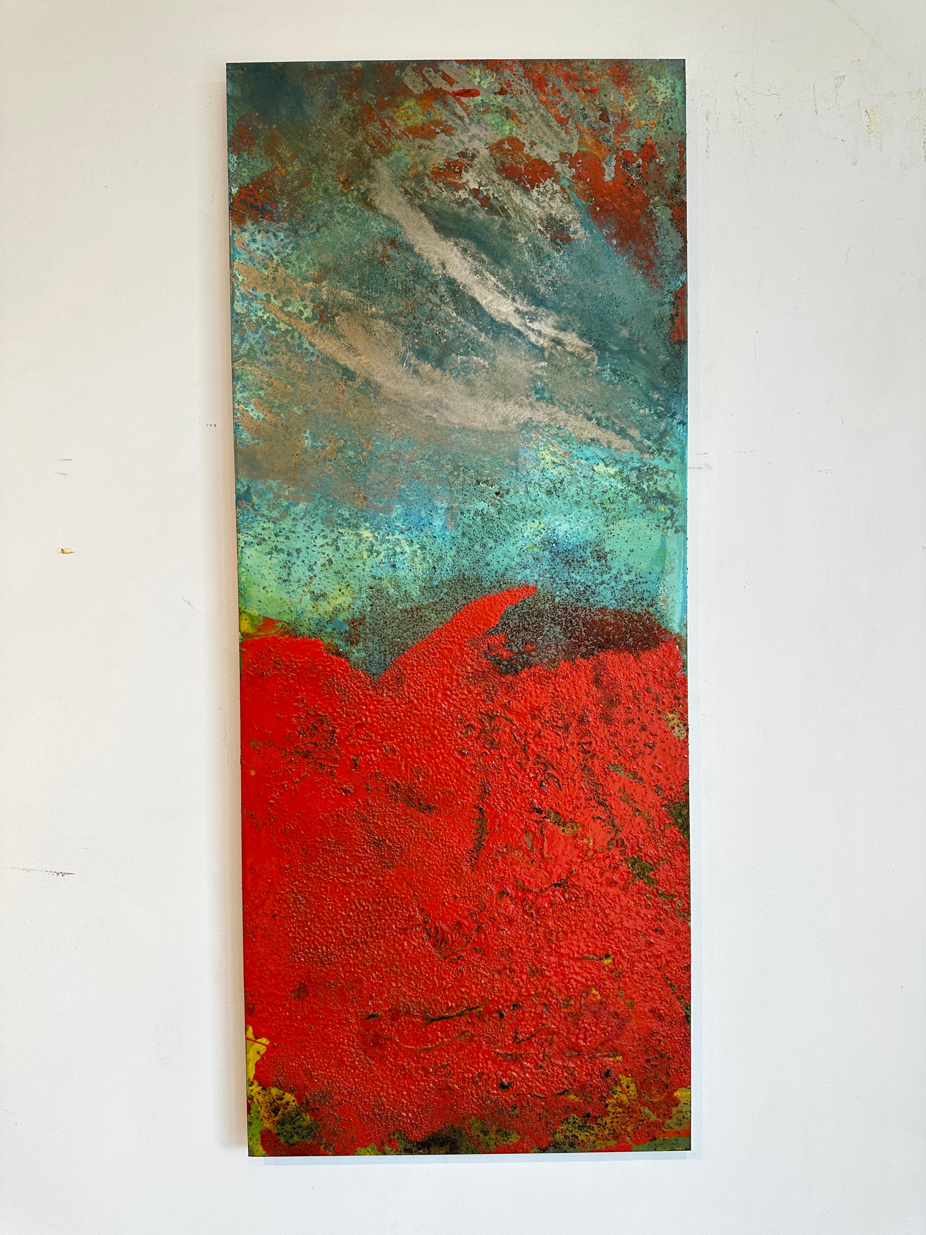 Paynton - Oil, Coffee and Parafin on steel, abstract landscape painting - Painting by Sam Peacock