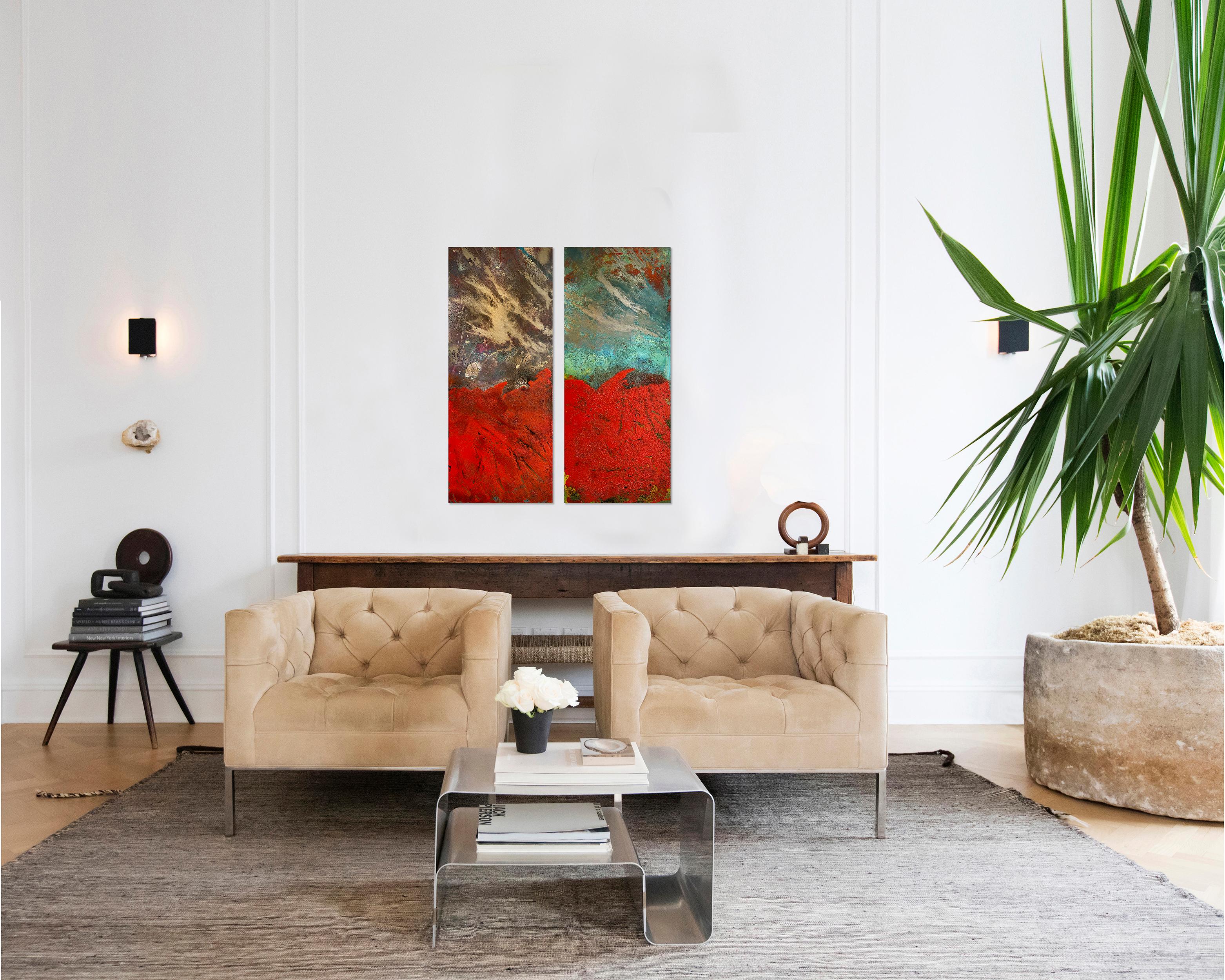 Paynton - Oil, Coffee and Parafin on steel, abstract landscape painting - Painting Astratto di Sam Peacock