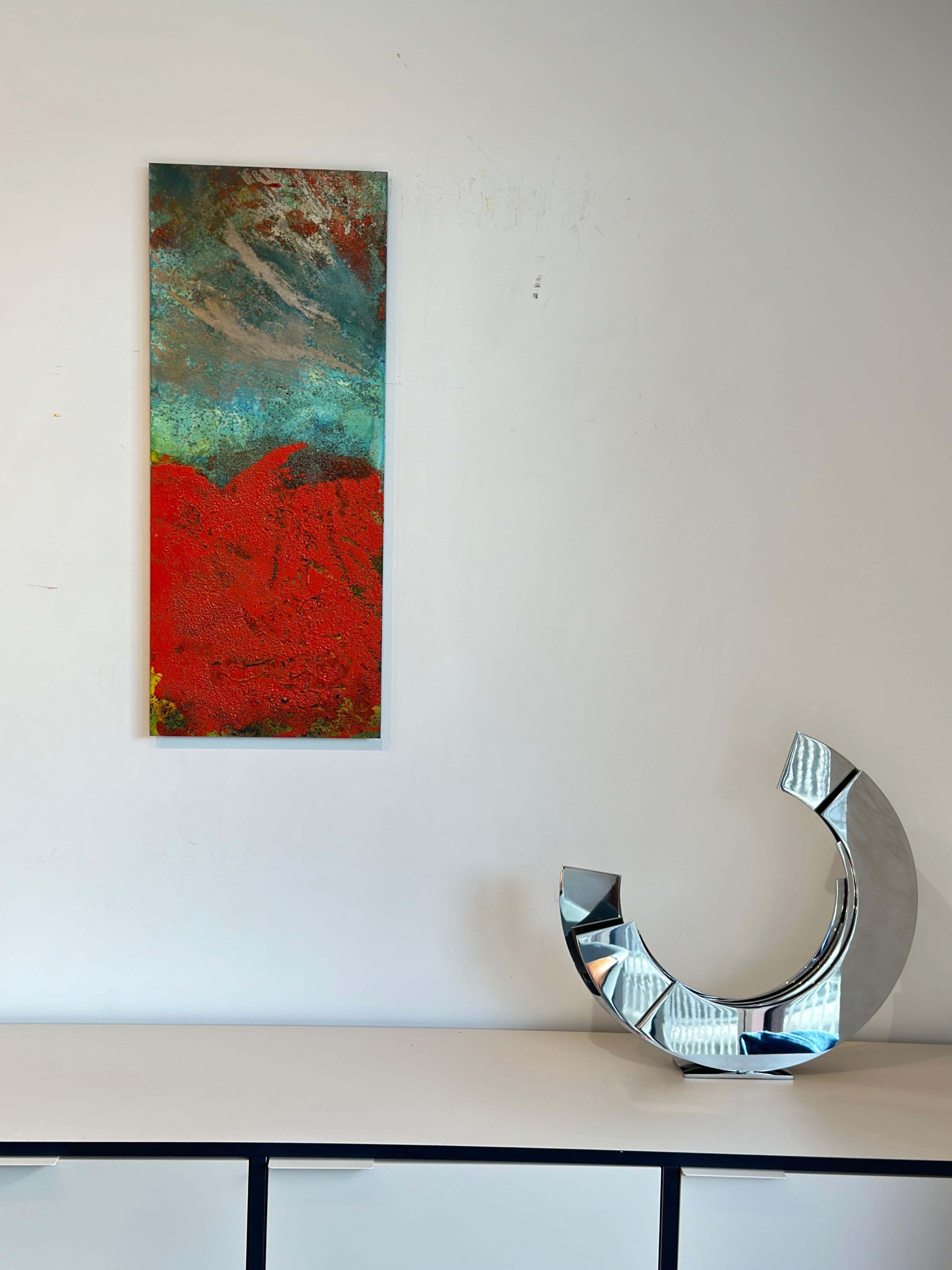Paynton - Oil, Coffee and Parafin on steel, abstract landscape painting - Black Abstract Painting by Sam Peacock