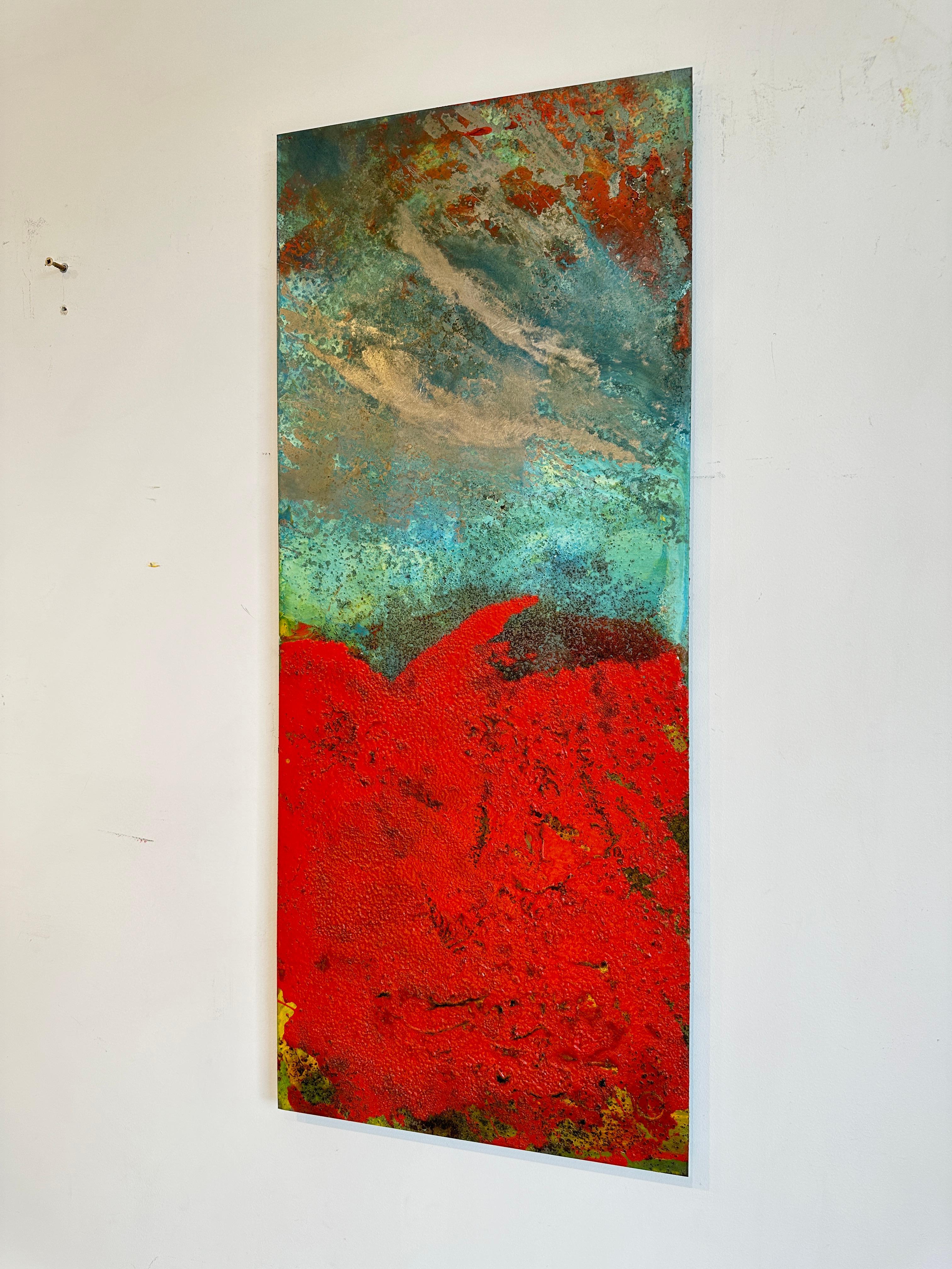 Paynton - Oil, Coffee and Parafin on steel, abstract landscape painting in vendita 4