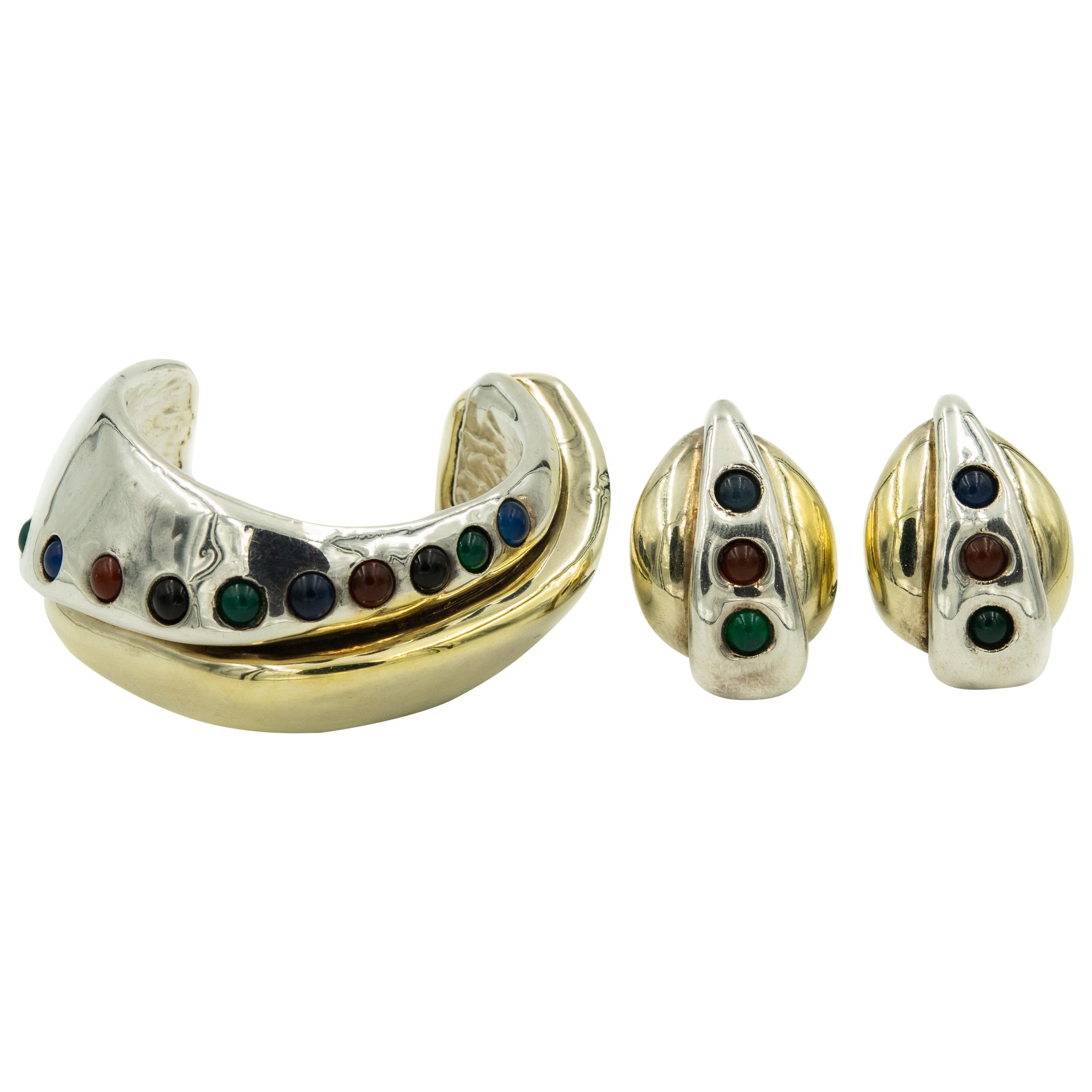 Sam Philipe Sterling Silver Gold Vermeil Modernist Cuff Bracelet Earrings Set