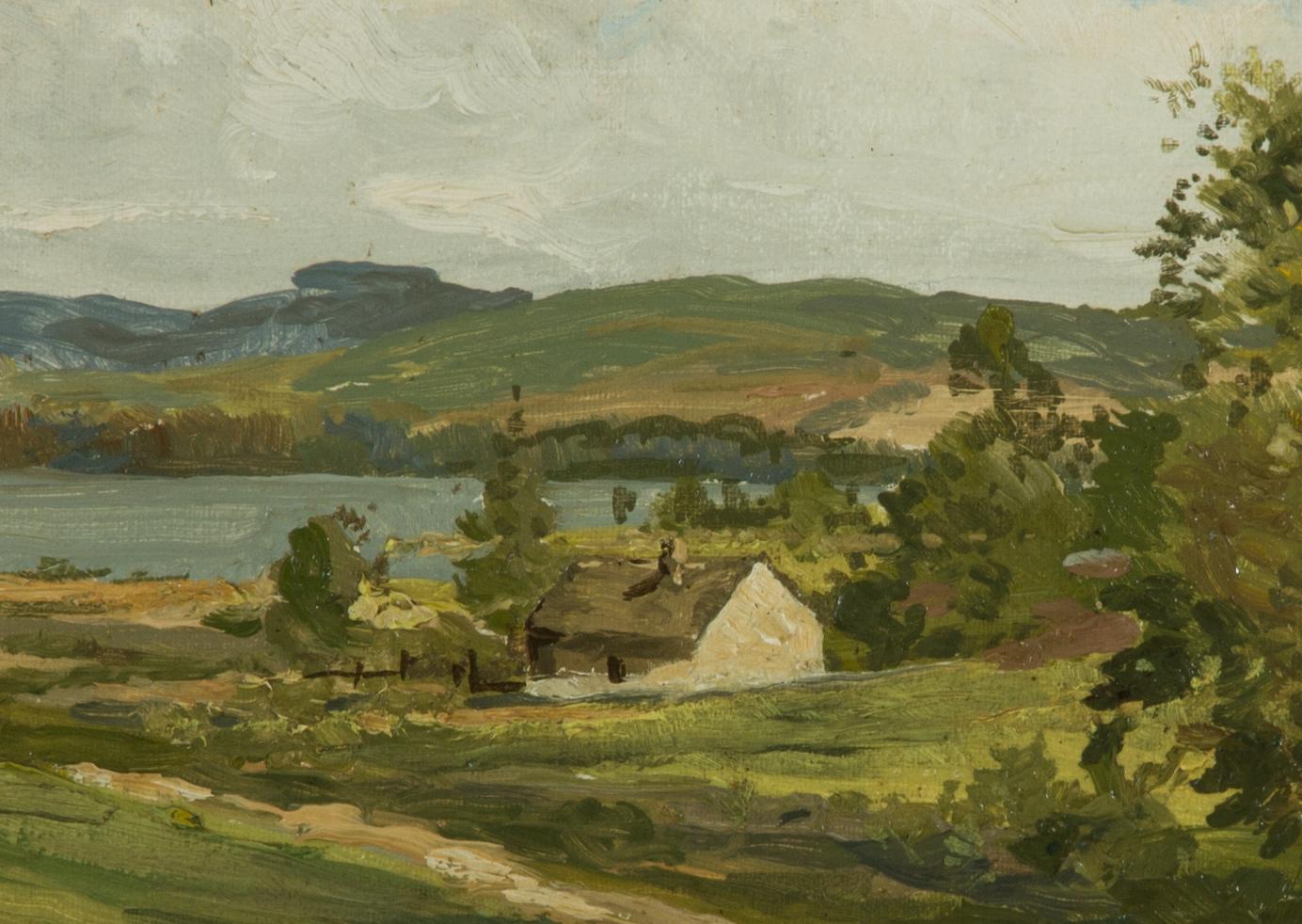 A finely painted early 20th century oil by Scottish artist Sam Pope Jnr. The artwork is well presented in a distressed look wooden frame and depicts a rural landscape with cottage and lake in the distance, possibly a scene from Pope's native