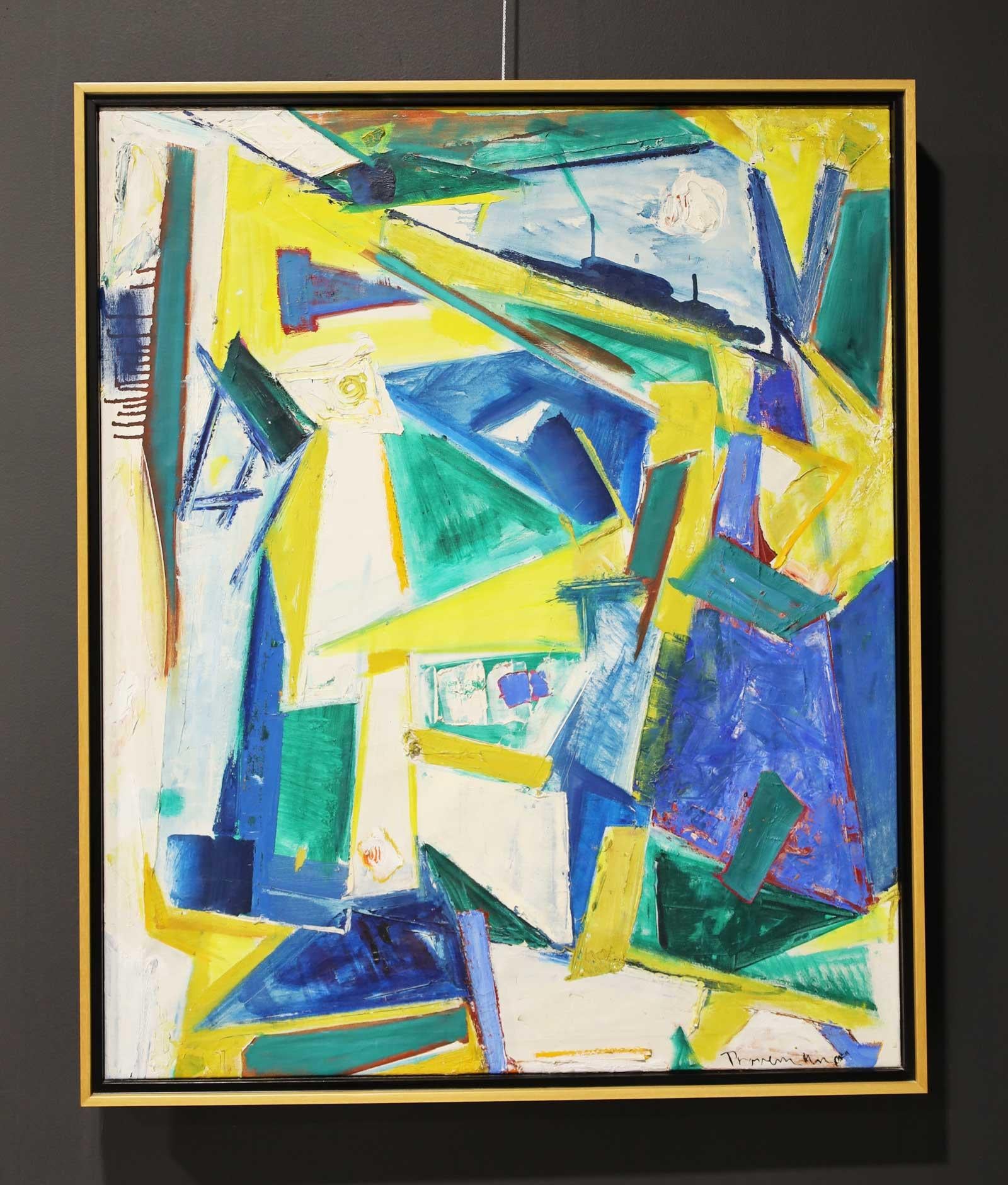 Abstract expressionist painting with geometric color fields of yellow, blue, white, and green. 
Signed along the lower right. 

Provenzano (American, 1923-1999) was a student of Hans Hoffmann (1880-1966), a key player in the Abstract