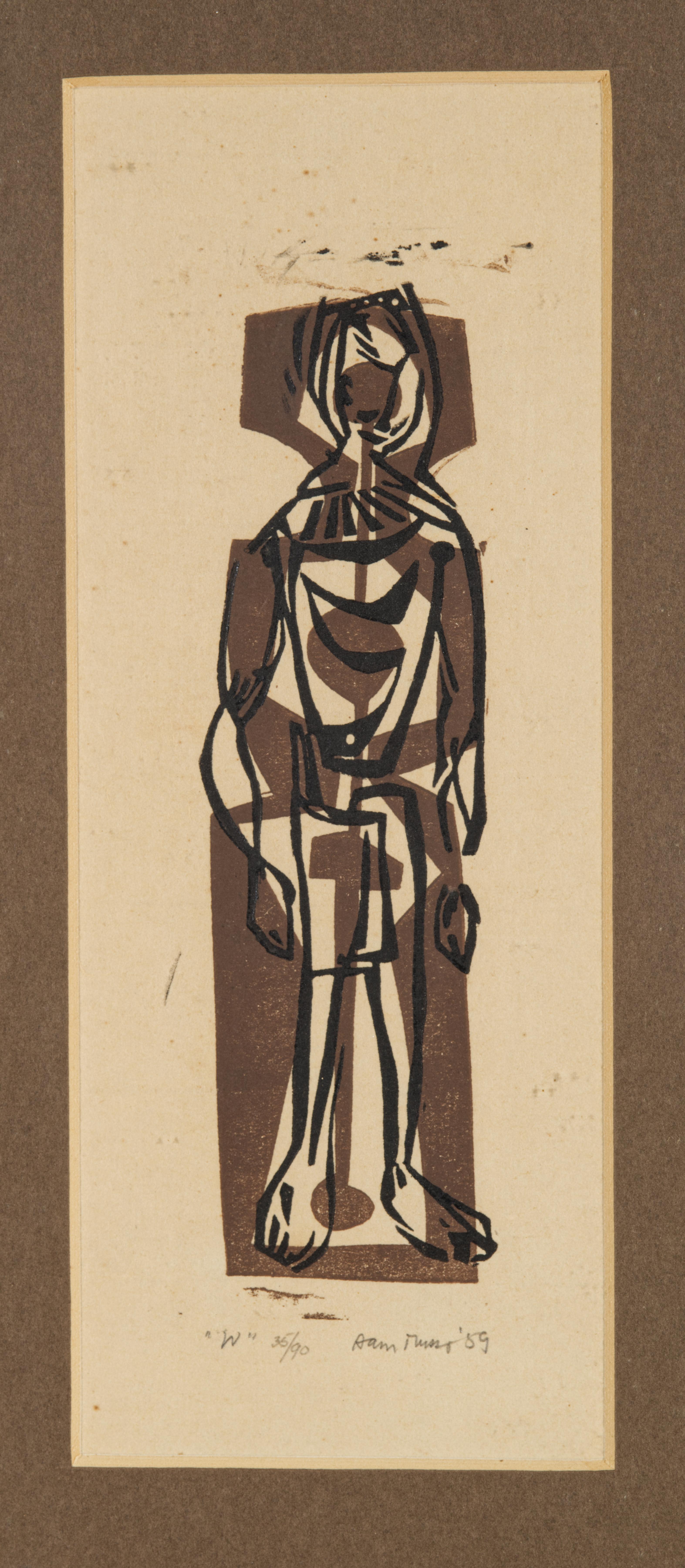 The vintage Mid Century Modern Linocut Block print (screenprint) with abstract human figure is pencil signed, titled, dated, and numbered by the artist. The print is professionally framed in carved solid wood frame with fine detailing. Dark olive