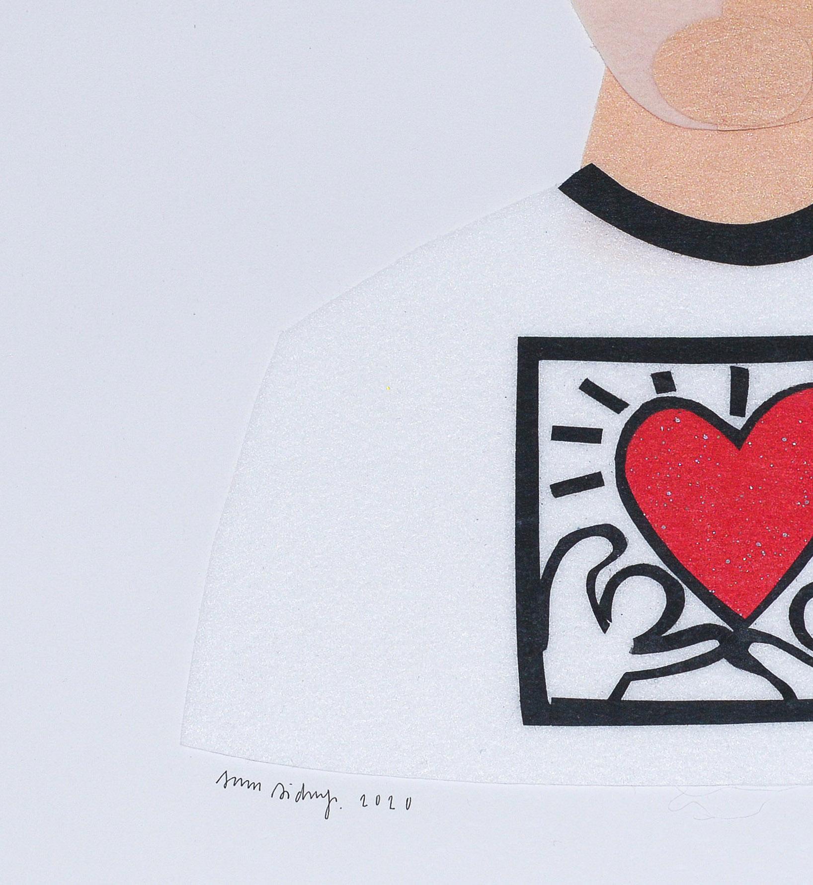 Original Sam Sidney-Filzcollage mit dem Bild von Keith Haring.  Die Filzcollage ist auf säurefreiem Karton in einem weiß gestrichenen Schattenboxrahmen montiert. Unterzeichnet und datiert.

Zuvor ausgestellt bei Eerdmans New York für die