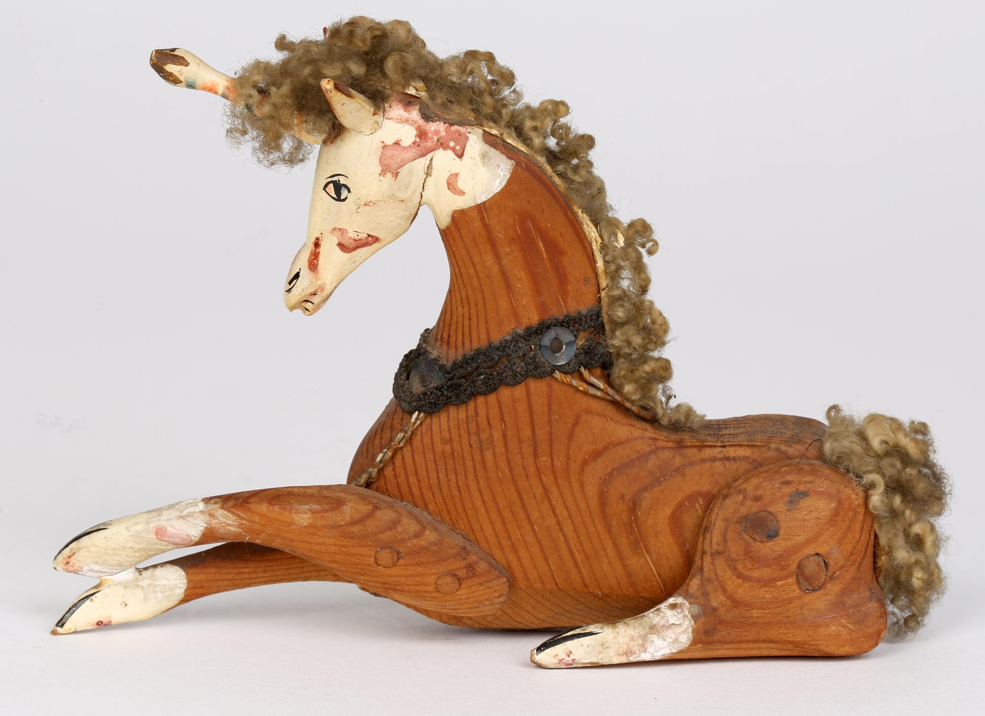 English Sam Smith Mid Century Carved Wooden Toy Unicorn Figure